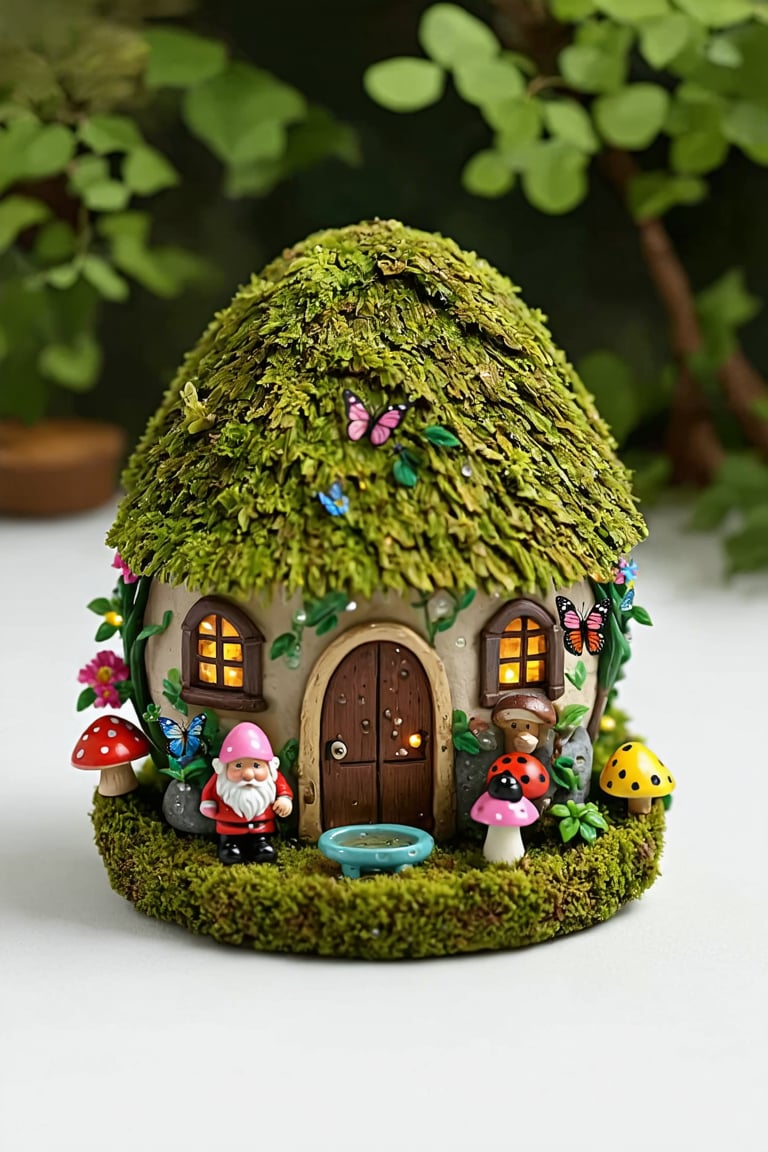 Egg,Egg-shaped fairy houses, whimsical miniature village, lush overgrown vegetation, tiny windows and doors, thatched roofs, vibrant wildflowers, twisting vines, moss-covered stones, fairy lights, mushroom circles, butterflies and ladybugs, miniature garden tools, acorn cap bird baths, dewdrops on leaves, soft morning mist, sunbeams filtering through foliage, pastel color palette, enchanted forest backdrop, intricate botanical details,Gnome,one dwarf