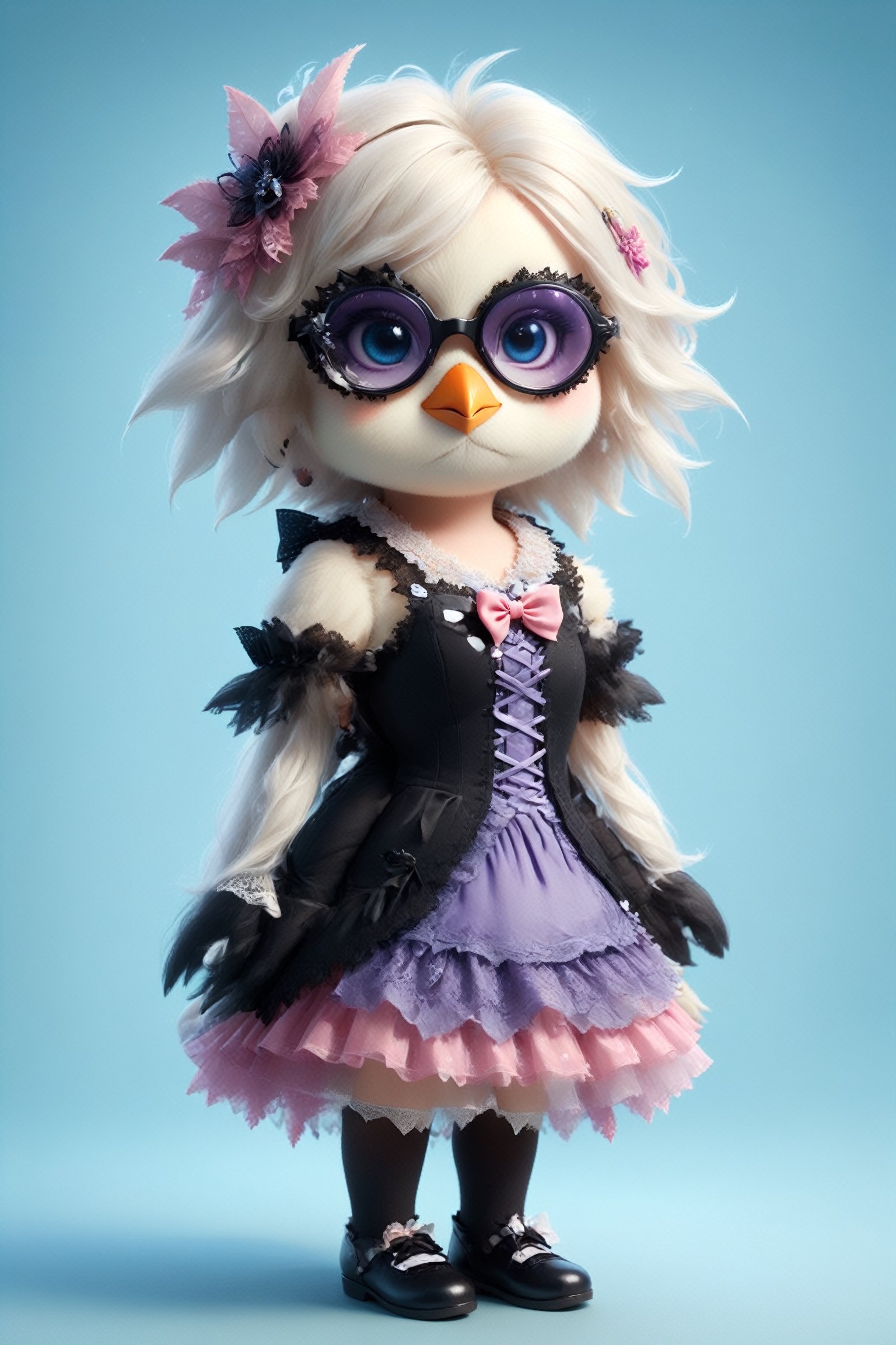 This adorable penguin is dressed in colorful Gothic Lolita fashion,wearing glasses, showcasing a unique and playful style. Its outfit features layers of frilly lace and elaborate bows, adding a whimsical touch to its appearance. The penguin's dress is adorned with vibrant hues, including shades of purple, pink, and blue, creating a striking contrast against its black and white feathers. Its accessories include oversized hair bows, lace gloves, and mismatched stockings, adding to the eclectic charm of its ensemble. With its stylish attire and charming demeanor, this penguin stands out as a fashion-forward icon in the animal kingdom.,real_booster,sfglasses