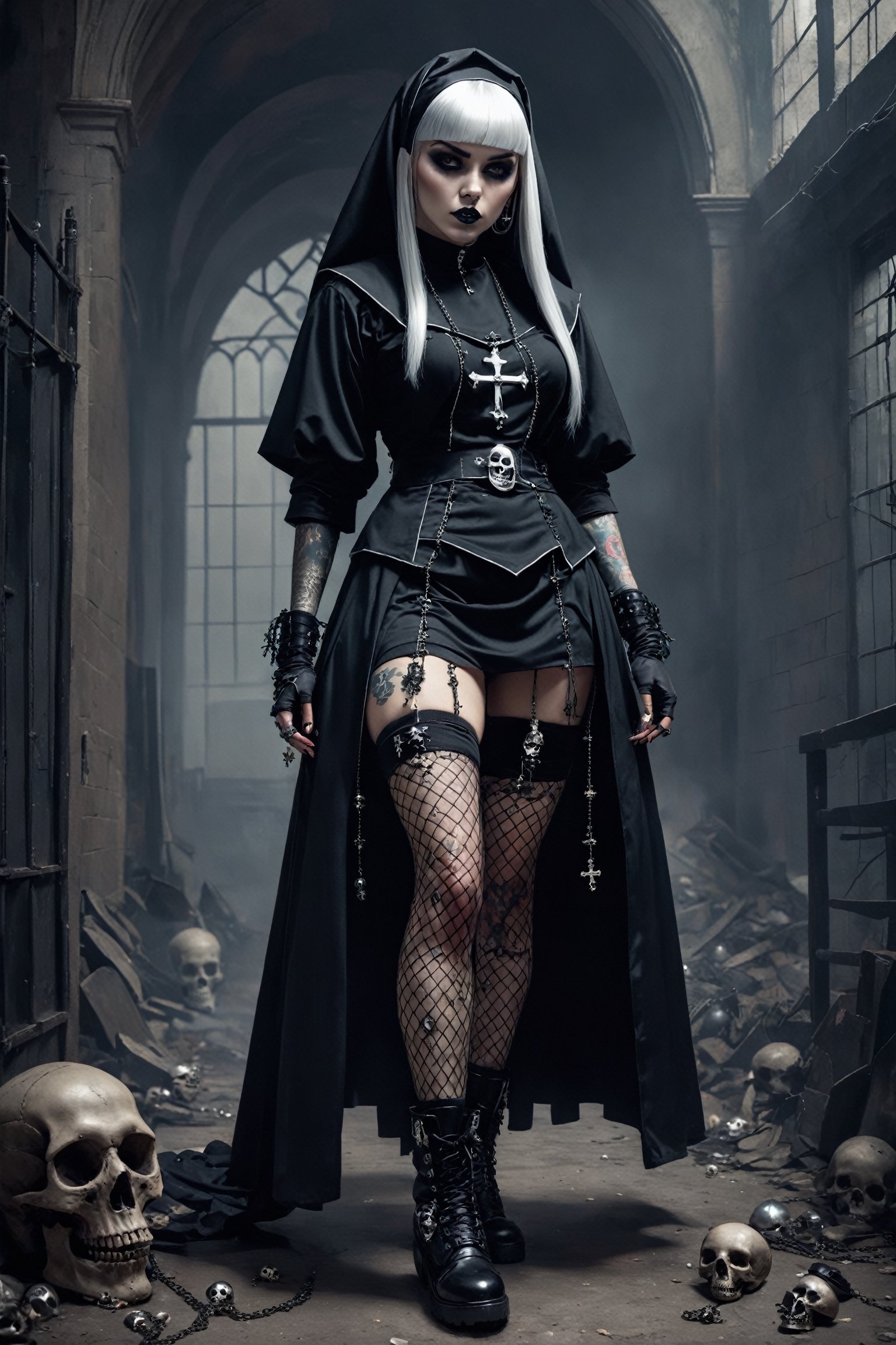 nun girl,with a punk rock style, blending tradition with rebellion, She wears a traditional black nuns costume, fishnet stockings, and combat boots, Her accessories include a rosary with skull charms and tattoos featuring punk-inspired designs,ch0wb13nun,LegendDarkFantasy