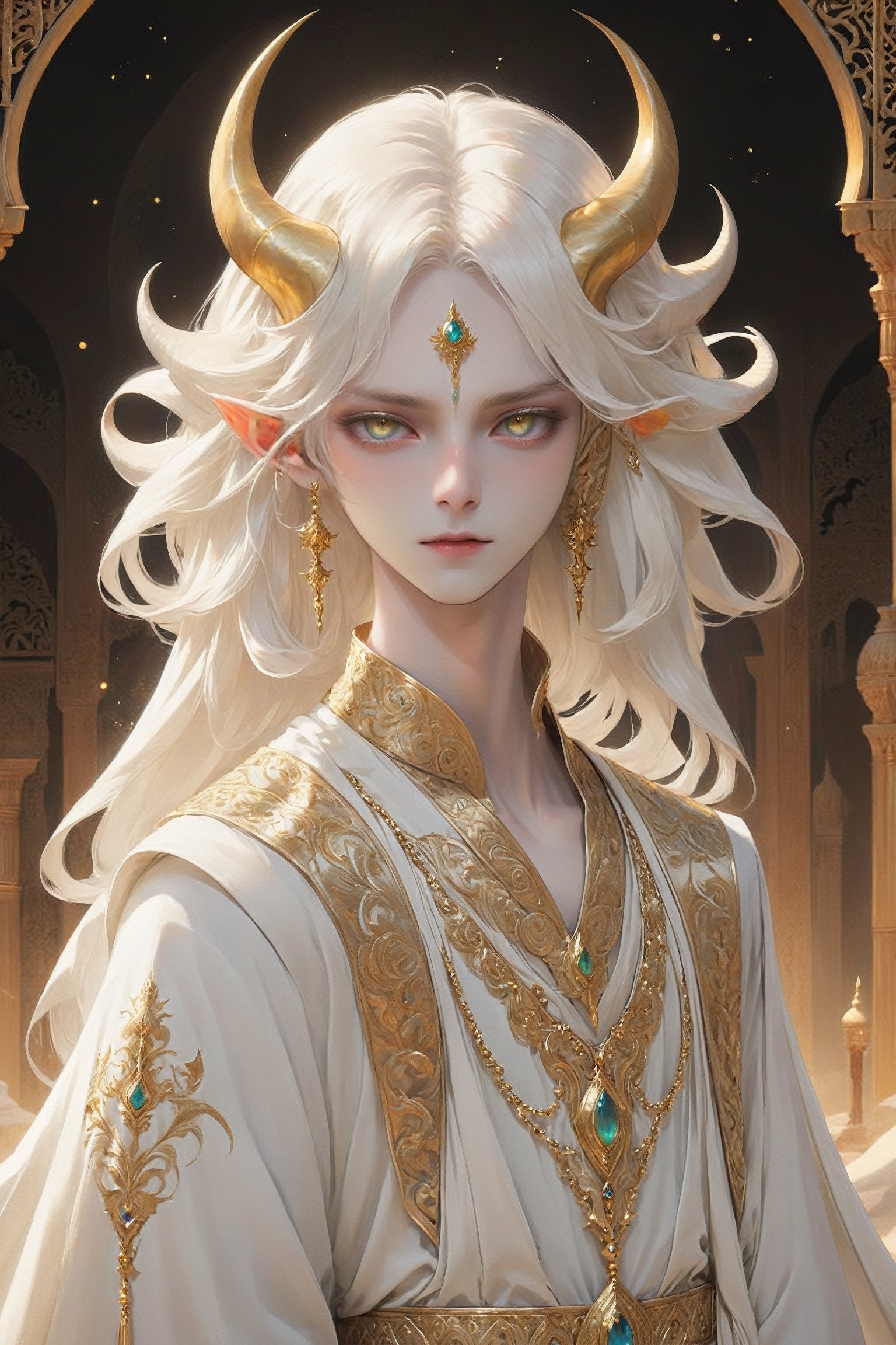 Beautiful albino demon boy,(long Demon horns:1.2), Arabian Nights-inspired ensemble, evoking the mystique and allure of the desert nights. Dressed in flowing robes adorned with intricate gold embroidery and jewels, he exudes an air of exotic elegance. His pale skin contrasts beautifully with the rich fabrics, while his eyes gleam with an otherworldly light. With each step, he moves with a sense of grace and confidence, embodying the enigmatic charm of the Arabian Nights tales, Despite his demonic nature, ,ani_booster,ct-niji2