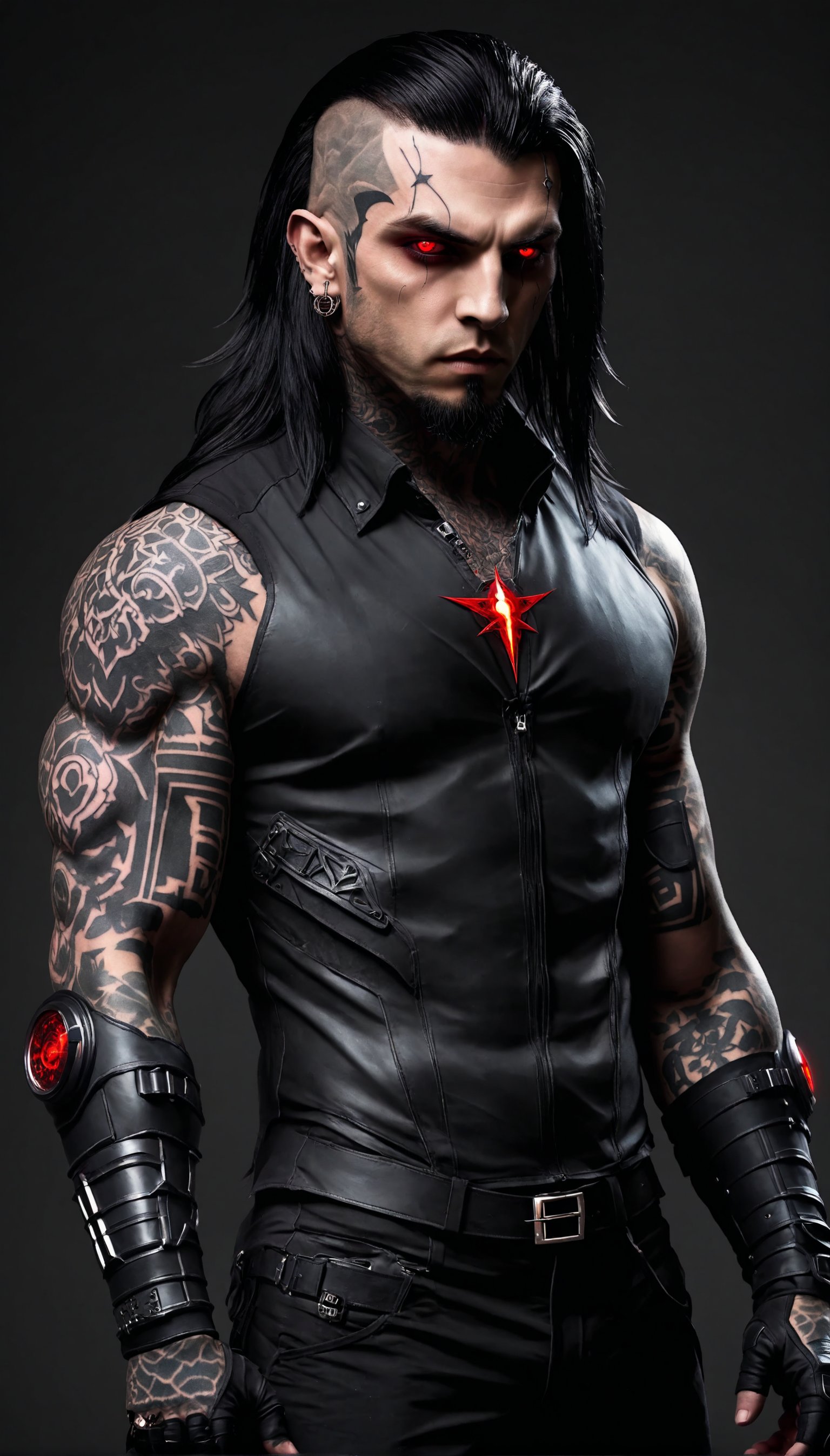 Antagonist Design,1 man,badass man,
Ronnie Radke,
long hair,((tattoo on forehead:1.2)),Full body,
A vampire with a beautiful and cool design, ominous red eyes, sickly fair skin, and sharp black armor.,zavy-cbrpn,Watch the World Burn,

