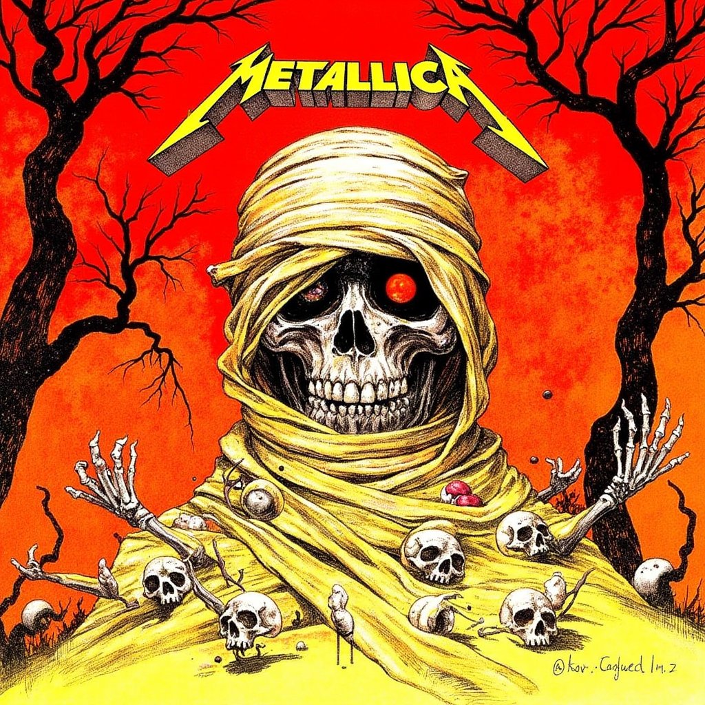 ("Metallica" logo mark at the top of the screen), heavy metal art,dark fantasy illustration, grotesque mummy skull, intricate bandages, one glowing eye, detailed skeleton puppeteer, red fiery background, ink drawing style, fine line work, stippled shading, yellow and white color palette, contrast with black shadows, macabre artwork, Japanese ukiyo-e influence, horror manga aesthetic, decaying flesh textures, surreal composition, dangling smaller skeletons, eyeballs as motif, organic branching patterns, wrapping tendrils, tooth details, torn fabric effects, gritty texture overlay, orange and black color scheme, masterful crosshatching, disturbing imagery, high contrast, fine details, sharp edges, creepy atmosphere, gothic horror elements, jntevl,OIL