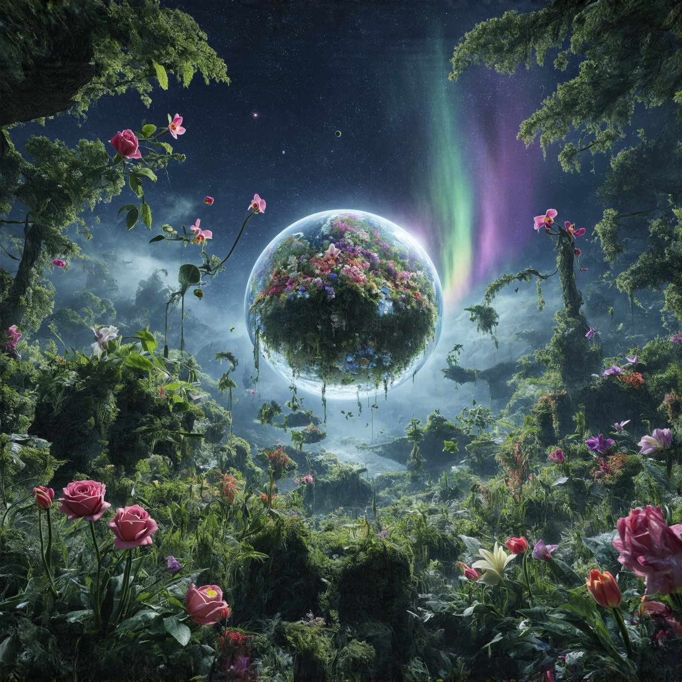 A lush planet teeming with vibrant flora. Countless flowers in full bloom cover its surface - roses, tulips, orchids, and alien blossoms in iridescent colors. Towering trees with bioluminescent leaves reach towards the sky. Orbiting the planet, a massive glass terrarium floats in space. Its geodesic structure reflects starlight. Inside, a miniature ecosystem thrives with rare plants and tiny creatures. Tendrils of mist swirl within. The planet's atmosphere shimmers with pollen and spores. Floating islands covered in hanging gardens drift by. A rainbow aurora dances in the background,hyperrealistic