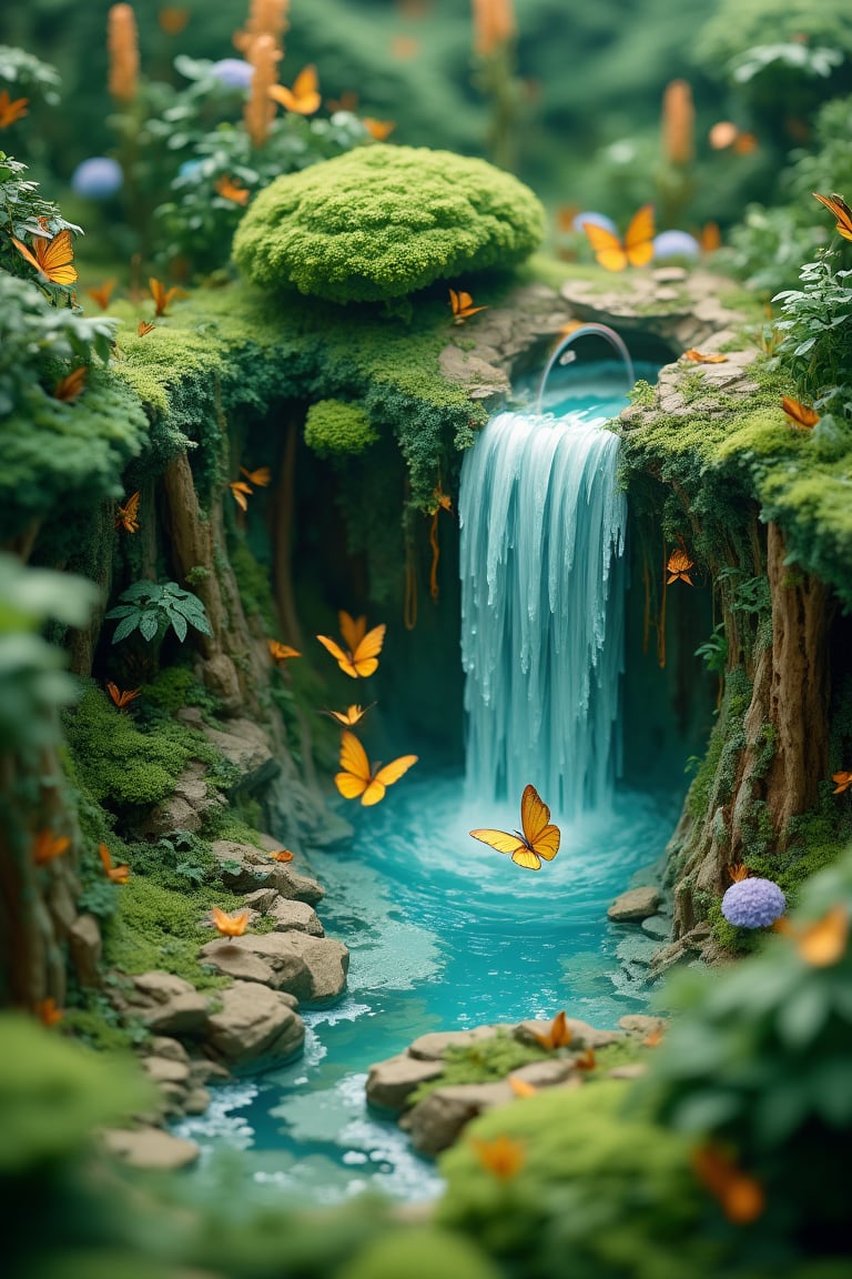 Isometric style, beautiful magical forest diorama,. Multilayer 3D cube structure with a width of 30cm,
A huge amount of water falls from a gigantic and beautiful mysterious waterfall, a beautiful rainbow appears around the waterfall, and miniature golden butterflies decorate the surrounding area.
Overall greenish color scheme. Highly detailed, 8K resolution, tilt-shift effects. Photorealistic miniature art style.,noc-isometric,EdwardH0pp3r