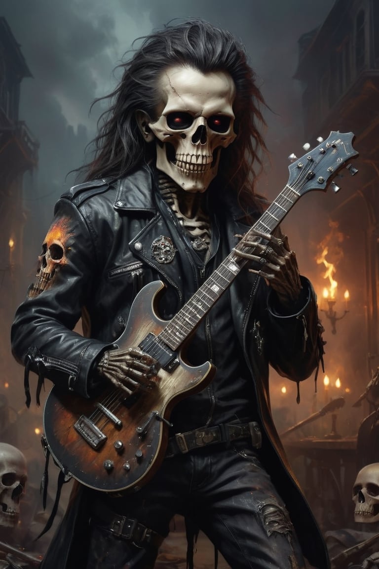 A chillingly cool, heavy metal zombie, decorated with symbols of rebellion and darkness, a skull with solid hair and twisted metal,
ribs protruding from the abdomen, flames burning in the skeleton's eye sockets, an undead rocker with a sharp guitar in his hand And wearing a leather jacket, the realm of the living and the dead is a symphony of chaos and rebellion.,h4l0w3n5l0w5tyl3DonMD4rk