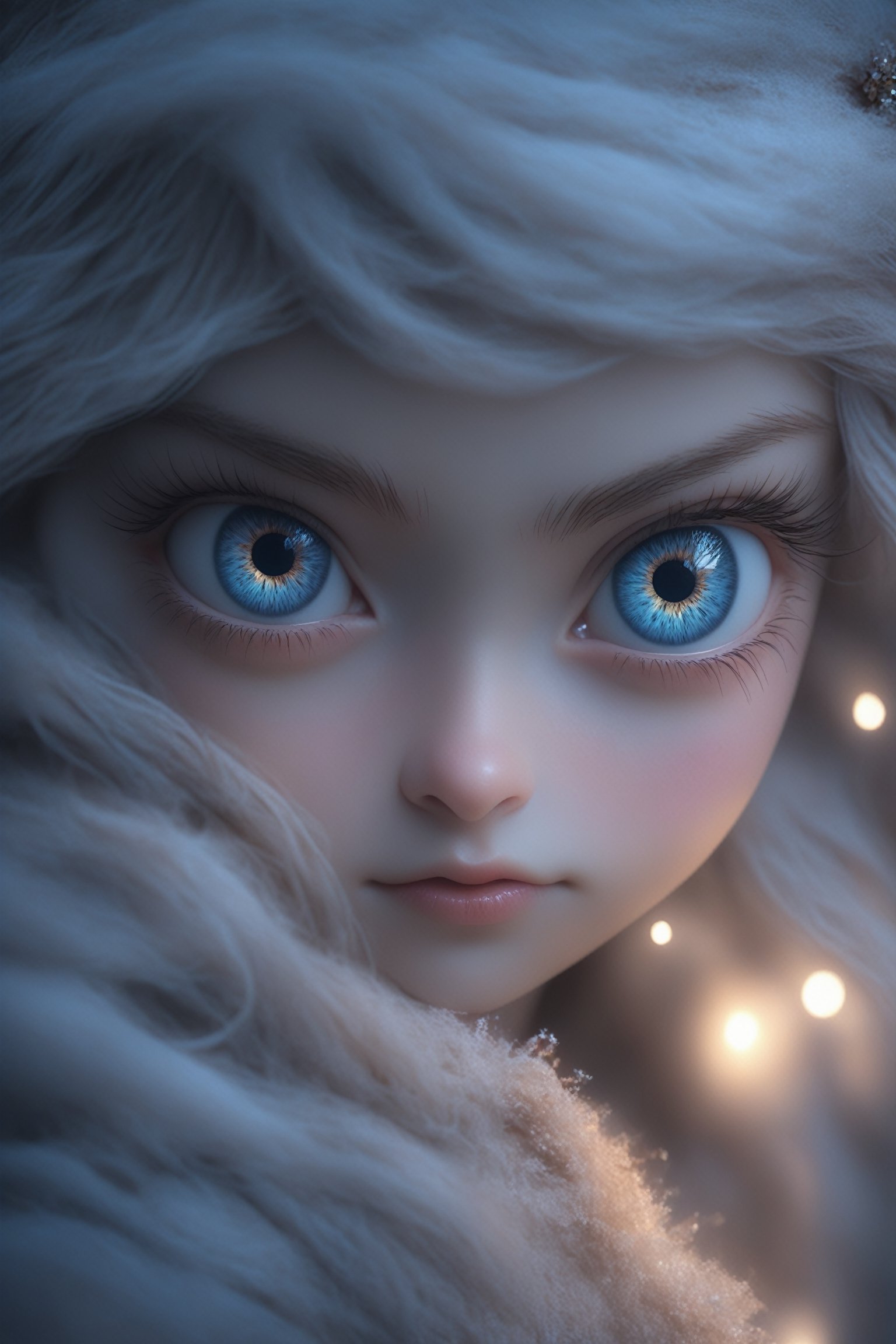 ultra Realistic, Extreme detailed, 1 girl 12years old,Christmas theme,girl of noble bloodline,small eyes, the girl has Beautiful blue eyes,soft expression,Depth and Dimension in the Pupils,So beautiful eyes that 
Has deep clear eyes,detailed eyelashes,mesmerizing iris colors,
,(Dimly shining eyes),heterochromia_iridis, the skin color is closer to white, the girl should be at the bottom of the picture where only the top of her head is visible,
Christmas Fantasy World,perfecteyes,Anime ,3D