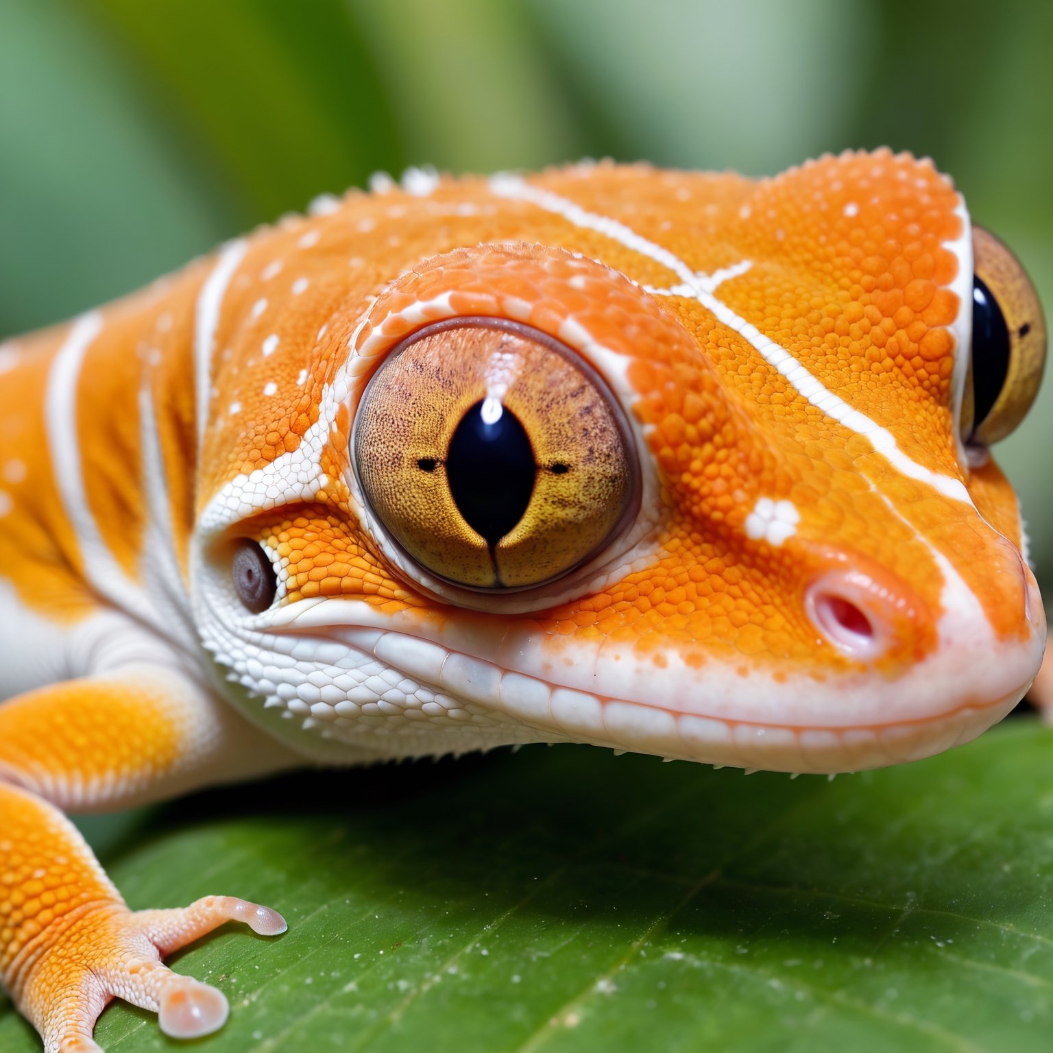 super realistic photos Macro shot, face focus, cute gecko, very realistic and detailed gecko eyes, orange and white body color