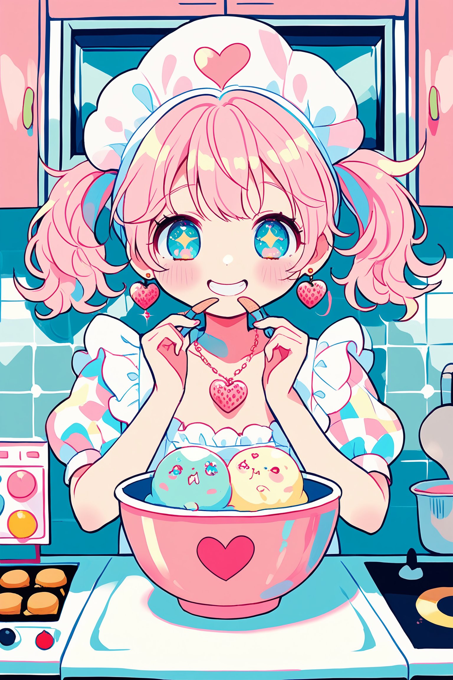 1girl,vtuber anime character design,
adorably kawaii girl cooking in a pastel pink kitchen. She wears a puffy-sleeved dress with a heart-patterned, frilly gingham apron in baby blue and white. Her rosy cheeks dimple as she smiles sweetly, eyes sparkling like stars. Fluffy pigtails tied with oversized polka-dot bows bounce as she stirs a bowl. Colorful, star-shaped sprinkles float magically around her. She wears strawberry-shaped earrings and a cupcake necklace. The kitchen is decorated with smiling anthropomorphic utensils and appliances. A happy sun peeks through heart-shaped windows. Pastel rainbow-colored cupcakes cool on the counter. Tiny, kawaii animals in chef hats assist her,

LOVE+PIECE+ICECREAM! The fancy I'm looking for all over the world Holding a sweet,
 melting miracle in your hands LOVE...CHOP!! ,
L・O・V・E・&・P・E・A・C・E・& Our HOT and COOL DIVA！,
HEY! You KNOW! Ice cream! How great! Mellow and Glow LIKE A Fever！
 Kissable and solid flavor！,
 fighting is NO-GOOD!
 Topping strawberry with love Boring! 
The important thing is These are the three things I'm going to tell you!,………LOVE+PIECE+ICECREAM！
,anime style,anime girl,future0615