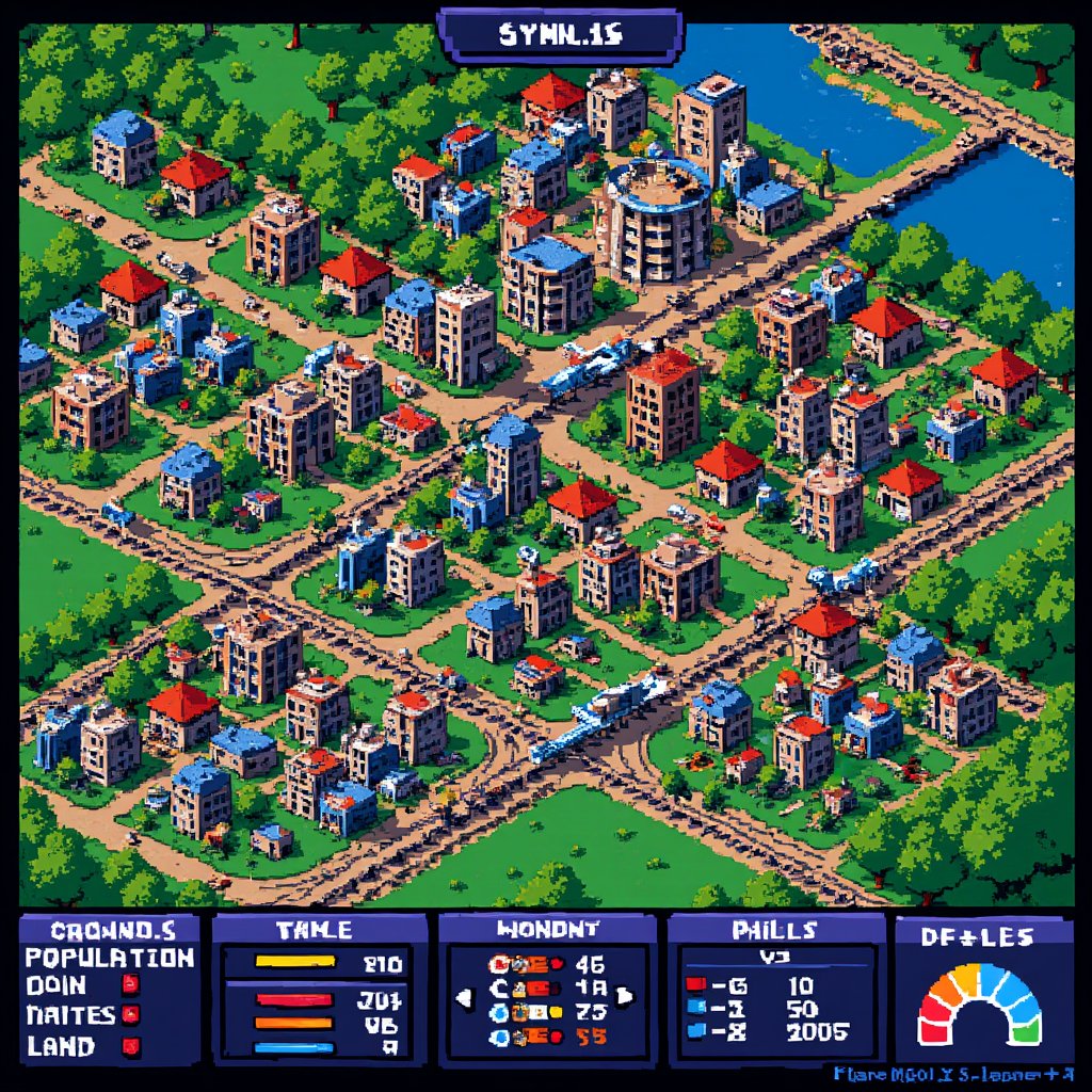 Retro pixelated screenshot of the Super Nintendo version of SimCity, the screen displays a bird's-eye view of a vibrant and growing city in a grid layout, small square buildings fill the landscape and different zones such as residential (green) commercial (blue) and industrial (yellow) are clearly marked. Roads and railways crisscross the map, connecting different parts of the city, tiny pixelated cars move along the roads and occasional trains pass by, the control panel at the bottom of the screen displays player statistics such as population, budget and tax rates as well as various options for building and managing the city. The pixel art style is colorful and the interface exudes a nostalgic early 90s feel, reminiscent of classic 16-bit era games,Pixel Art

