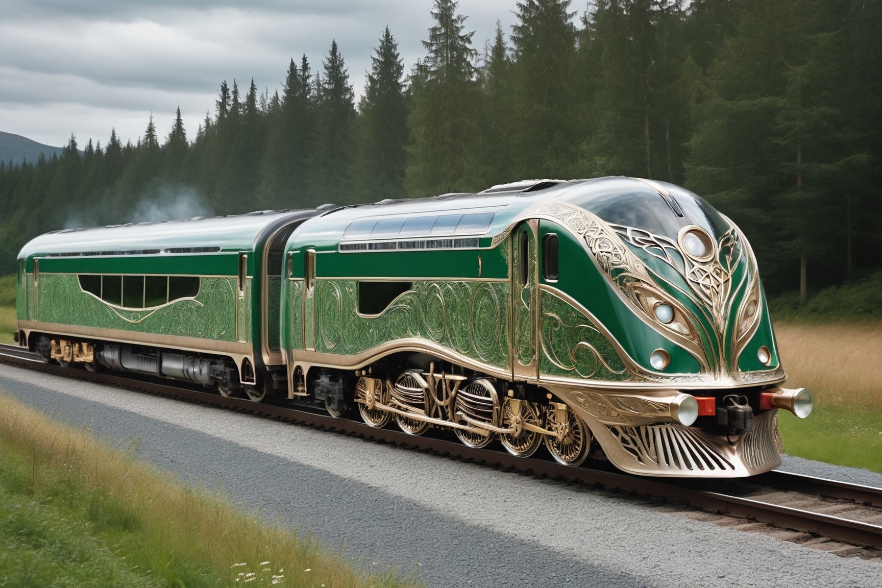 An elven-crafted locomotive, predominantly constructed with transparent glass, adorned with intricate Celtic designs. The sleek, ethereal glass engine is embellished with interwoven knotwork patterns, reminiscent of Celtic artistry. The train cars follow suit, featuring large, transparent windows that allow passengers to enjoy panoramic views,This elven-engineered locomotive seamlessly blends the elegance of elven craftsmanship with the mesmerizing beauty of Celtic design, creating a unique and enchanting mode of transportation ,DonM3lv3sXL,Clear Glass Skin,Magical Fantasy style