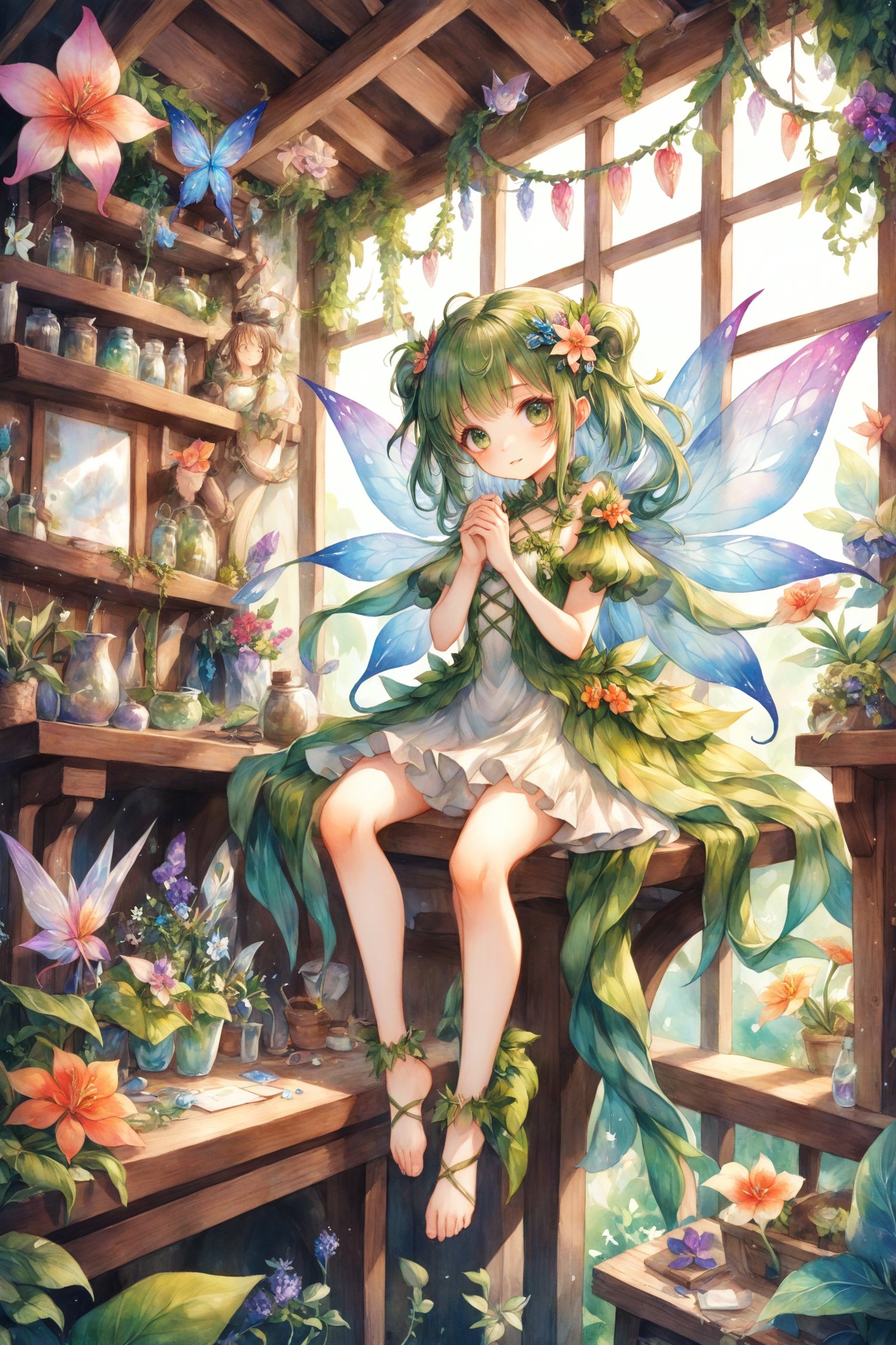 Extreme detailed,1girl,
beautiful fairy,In a quaint workshop adorned with enchanting flora, a skilled fairy tailor meticulously crafts fantastical garments,H effect,Wonder of Beauty,emo,extremely detailed,watercolor \(medium\), kirakishou