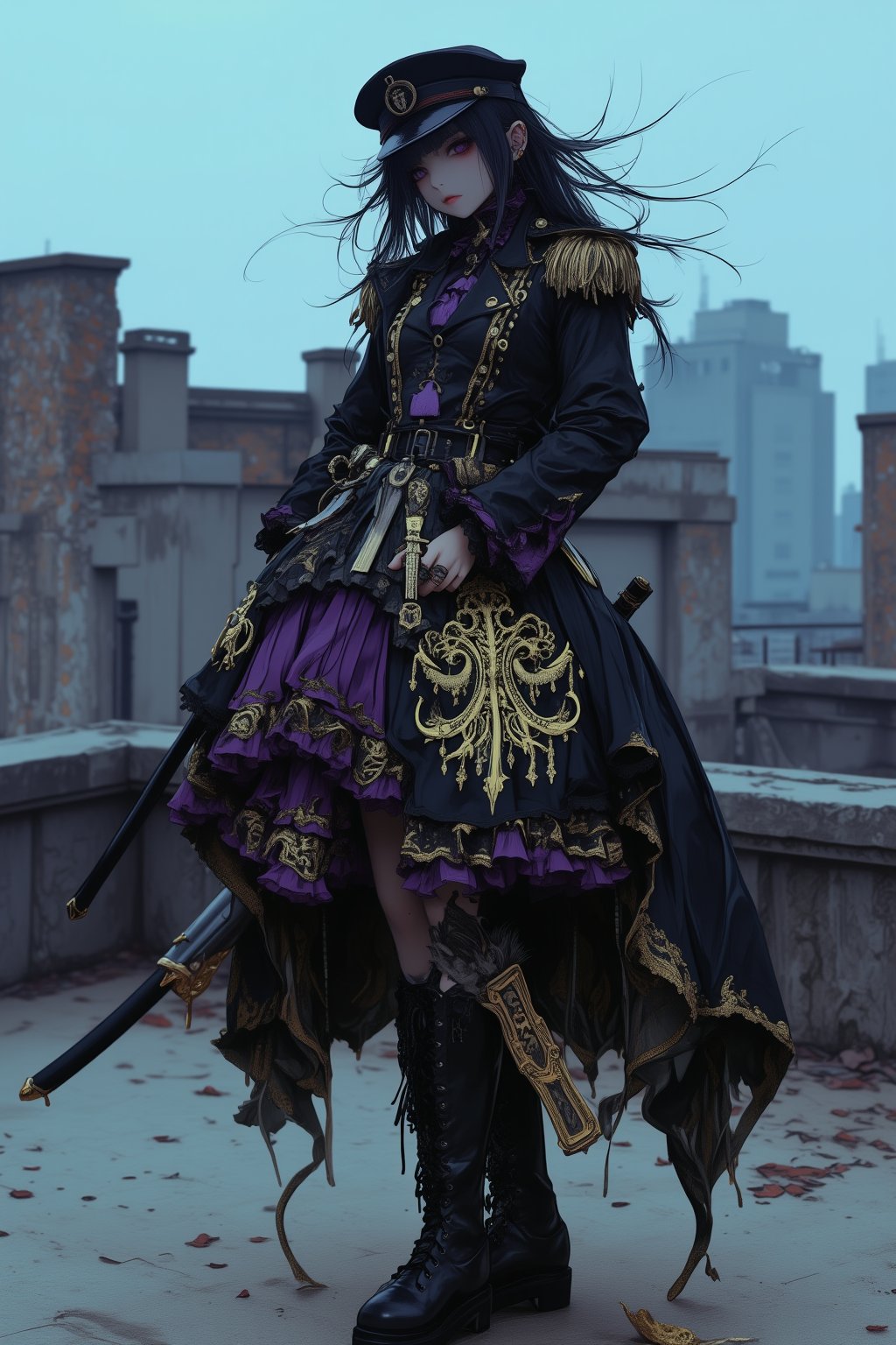 Elegant gothic lolita woman, full body portrait, 8k resolution, photorealistic. Black military style cap with gold trim. Long straight black hair blowing in the wind. Pale skin, heavy eye make-up and serious expression. Wearing a black high collar military jacket with gold embroidery and epaulettes, an elaborate purple and black skirt with an intricate gold chandelier print, a katana sword on her waist, and black lace-up boots. Standing on an abandoned concrete rooftop,blue sky in the background. Cinematic lighting shallow depth of field with focus on subject. Fantasy,dal,ct-animepopstyle