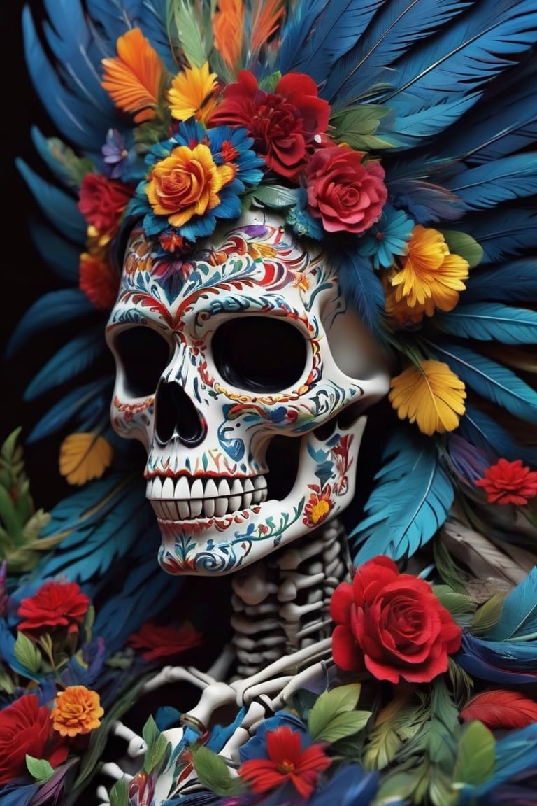 Imagine god of death, stunning skeleton adorned in the vibrant motifs of Mexican culture, inspired by the traditions of Dia de los Muertos. Painted with intricate designs in bold colors like red, blue, yellow, and green, its bones come to life with floral patterns and symbolic imagery. Adorned with flowers, feathers, and beads, this ornate skeleton pays homage to Mexico's rich cultural heritage and celebrates the beauty of life and death.,skll,LegendDarkFantasy,Decora_SWstyle