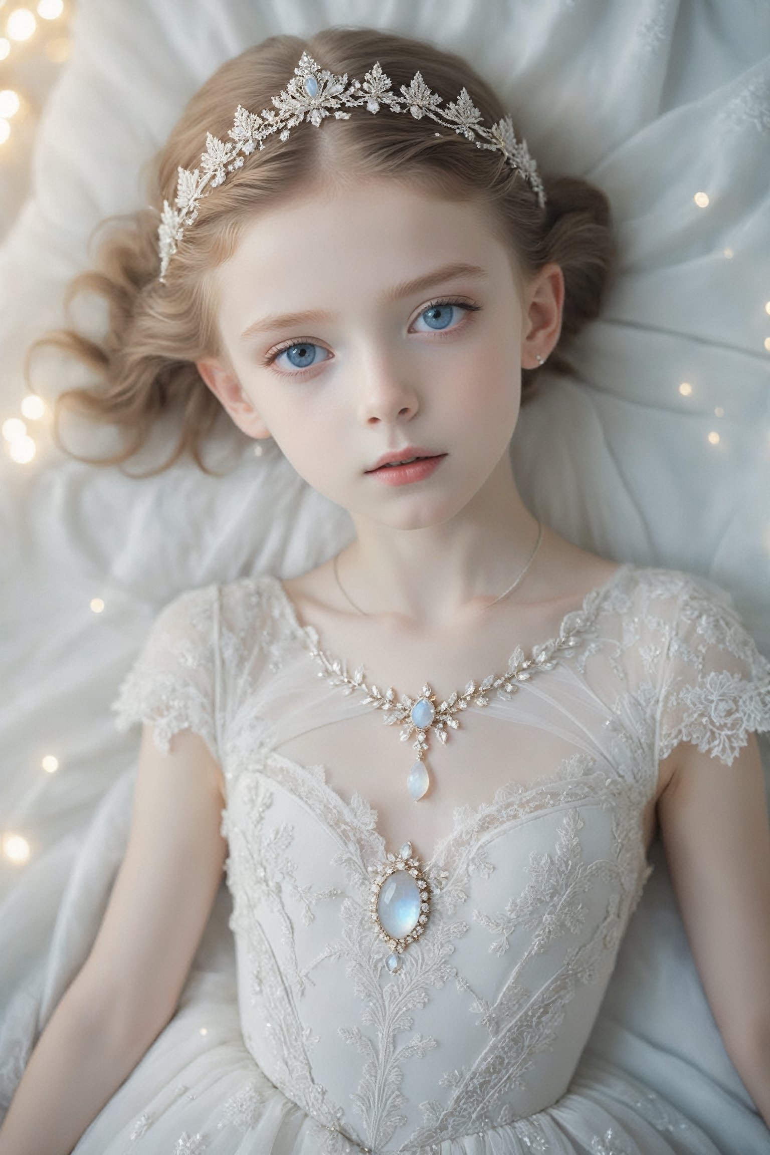 ((Bokeh:1.5)),((Soft focus:1.5)),(Fog),((blur)),(Lens Flare),
The Childlike Empress,stunning beautiful young albino girl,12 yers old,alabaster skin,Brown hair,very short Brown hair,((Slicked back hair)),((Forehead)),(head chain with jewelry stone),
girl has Beautiful blue eyes, soft expression,(heavy black eyeshadow:1.2), Depth and Dimension in the Pupils, wears white delicate fractal pattern lace dress,Incredibly long Dress Lace,
Lying on a bed of shells,
creating a sense of movement and depth,
p3rfect boobs,3d toon style,Face makeup,Anime Style