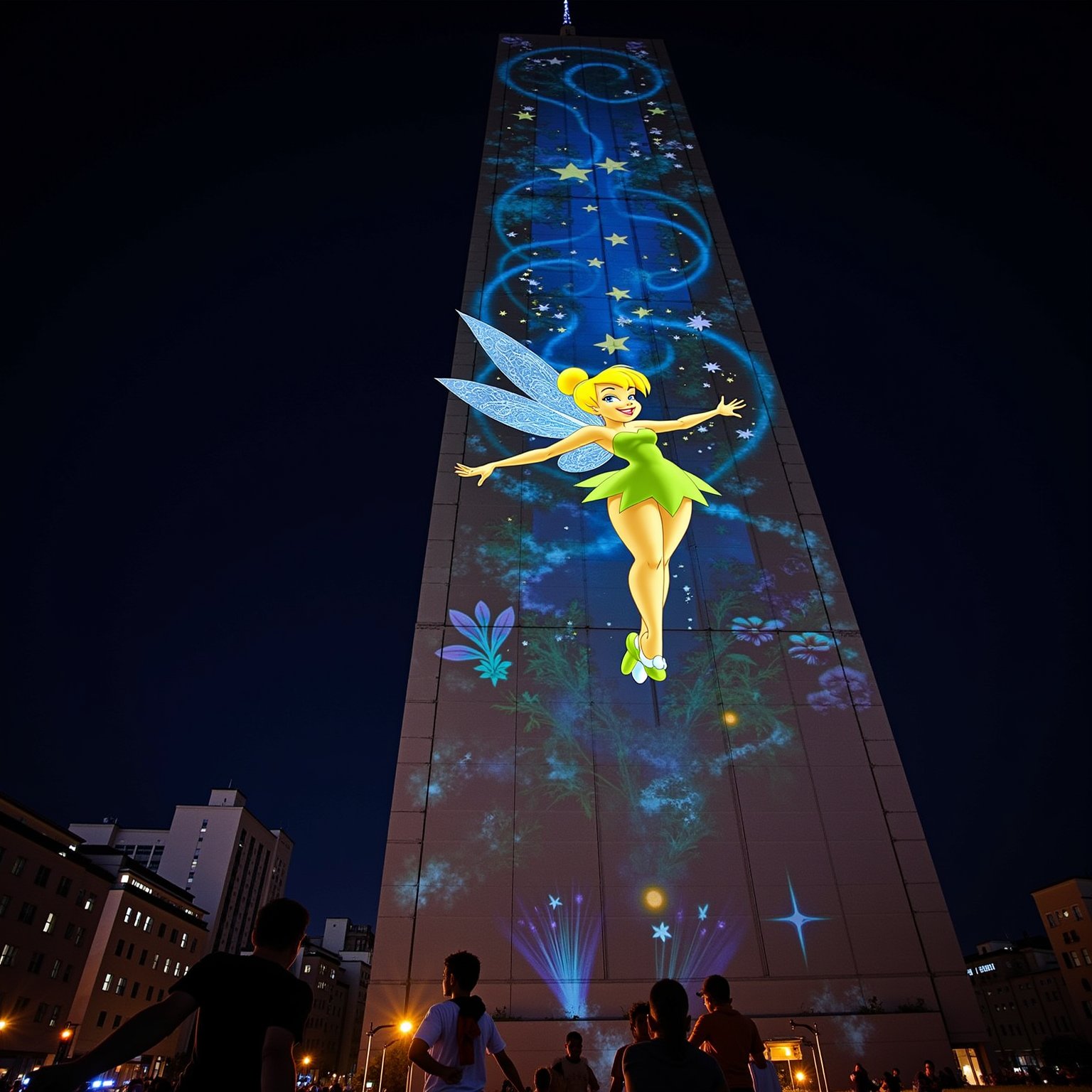 Colossal concrete skyscraper at night, its entire 100-story facade transformed by cutting-edge projection mapping. Animated Tinkerbell, 50 feet tall, pirouetting gracefully across the building's surface. Her gossamer wings span 30 feet, shimmering with iridescent blues and purples. Golden pixie dust trails behind her, creating intricate, swirling patterns that morph into blooming flowers and fluttering butterflies. Tinkerbell's blonde hair flows as she dances, her green dress sparkling.
The projected background shifts from an enchanted forest with towering trees and glowing mushrooms to an underwater scene with shimmering fish and coral. Twinkling stars and a crescent moon adorn the upper floors. Building's windows appear as firefly-lit lanterns or glowing fairy houses.
Ground-level spectators point up in awe, their faces illuminated by the display. Children on parents' shoulders reach out as if to catch falling pixie dust. High-powered projectors visible on nearby rooftops, beams of light cutting through the night air.
Surrounding city lights dimmed in comparison to the dazzling display. Occasional lens flares and light beams add photorealistic quality. Building's edges softened by the projection, creating an illusion of a magical floating structure in the urban landscape.,TinkerWaifu,blue eyes