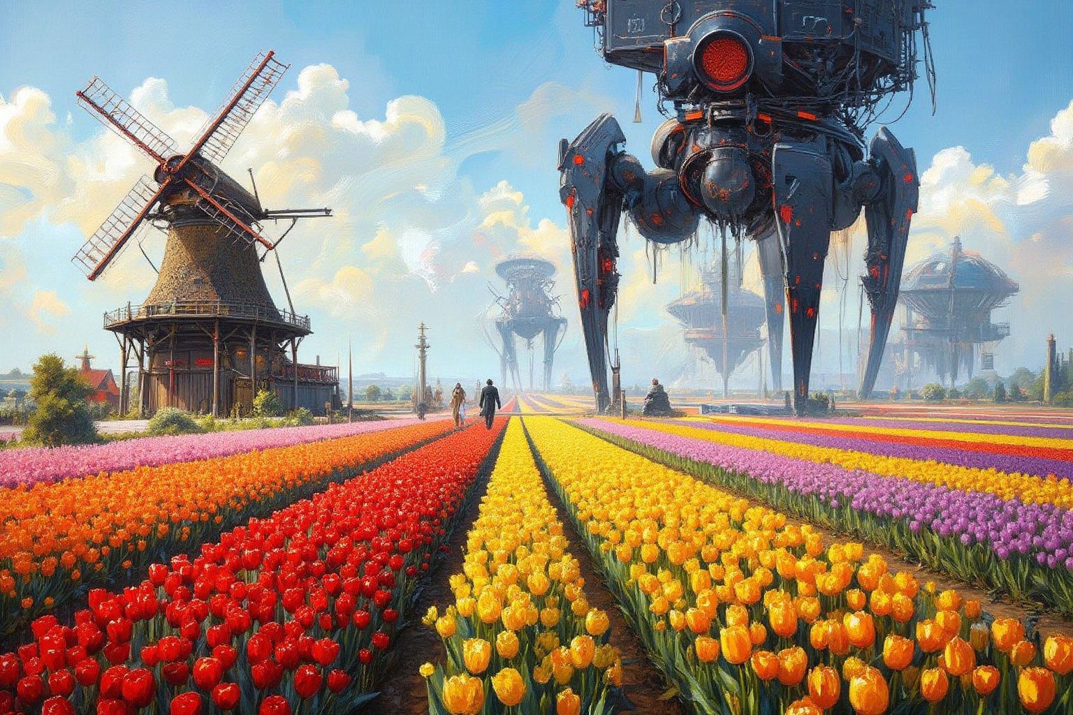 
Oil painting of 19th century Dutch landscape. Foreground: Vibrant tulip fields with rows of red, yellow, pink, and purple flowers. Midground: Typical Dutch windmill, wooden with large blades. Farmers in traditional dress walking through fields. Background: Ominous, gigantic quadrupedal war machines, black and futuristic in design. Sky: Characteristic Dutch low-hanging clouds. Lighting: Soft afternoon sunlight illuminating fields. Brushwork: Impressionistic style. Vivid colors for tulips, detailed windmill, mysterious outlines for machines. Composition: Lower 2/3 tulip fields and windmill, upper 1/3 sky and machines. Atmosphere: Pastoral beauty contrasting with unsettling futuristic presence, creating unique tension,surrealportraits, illustration,complex detail lineart,AbmoilPainting