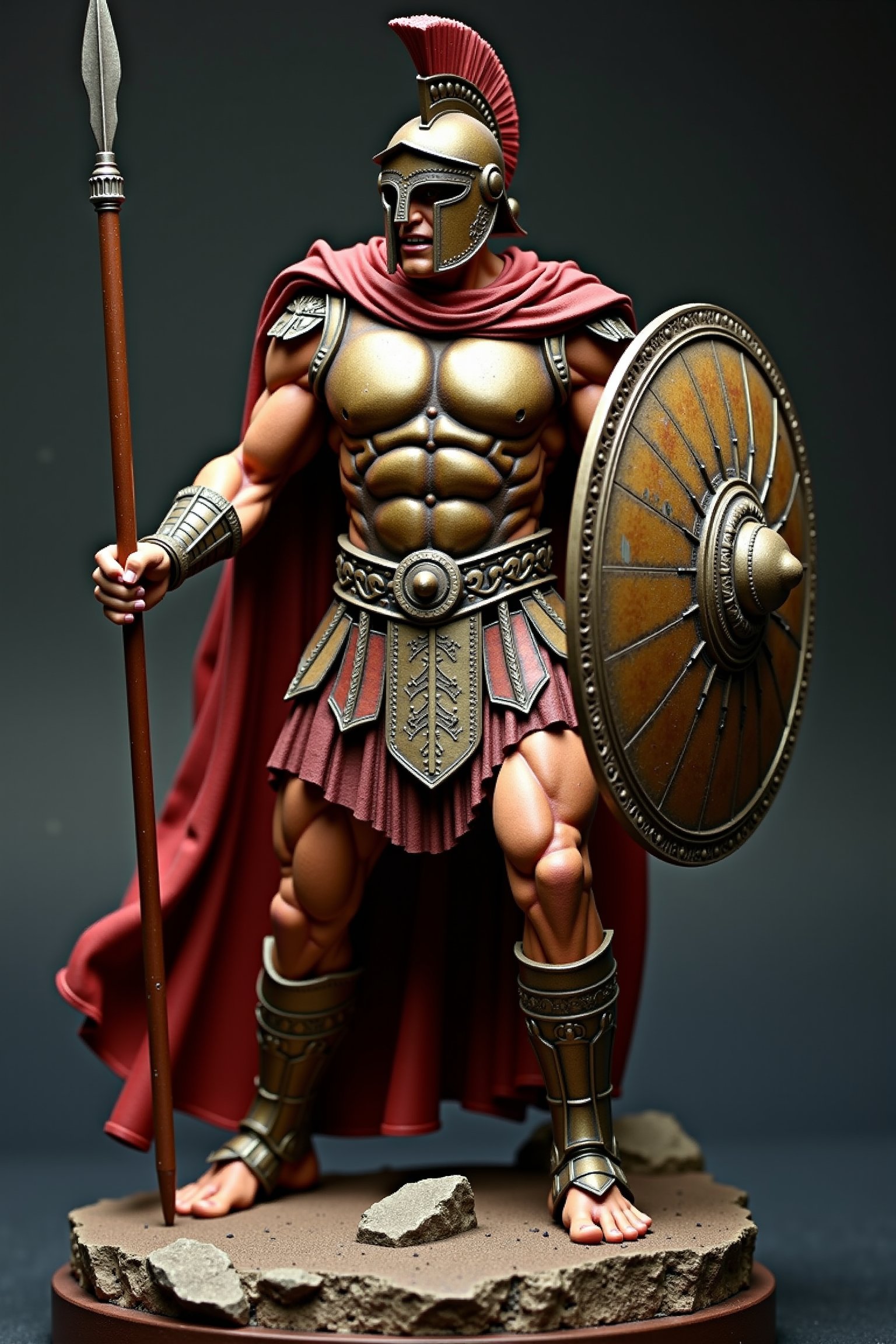 A meticulously crafted, high-end custom figure of a powerful Spartan soldier in mid-battle pose. The figurine showcases stunning detail in the muscle definition, with every sinew and vein meticulously sculpted. The soldier is clad in authentic Spartan armor, with a gleaming bronze chest plate, intricately carved greaves, and a flowing crimson cape. The helmet features a menacing crest, and the weathered shield bears the iconic Spartan Lambda symbol. The soldier holds a long, ornate spear in one hand and a battered, scarred sword in the other. Every aspect of the armor, from scratches to battle damage, is rendered in painstaking detail, making this Spartan soldier appear as if frozen in a dynamic, action-packed moment of history.