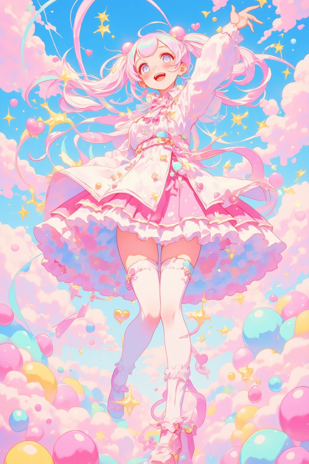 Digital art, anime style illustration, cute magical girl, long seven-color twin-tail hair, blue eyes, white and pink frilly dress, red platform shoes, white thigh-high socks, cheerful expression, arm raised in greeting, floating colorful ribbons, pastel color palette, energy effect with sparkles and stars swirling, magic wand, heart motif, fluffy clouds, bubble-like spheres, candy colored background, soft lighting, cel-shaded, clean line art, vibrant colors, cute aesthetic, dynamic composition, 2D style, high definition, fantasy elements, whimsical atmosphere