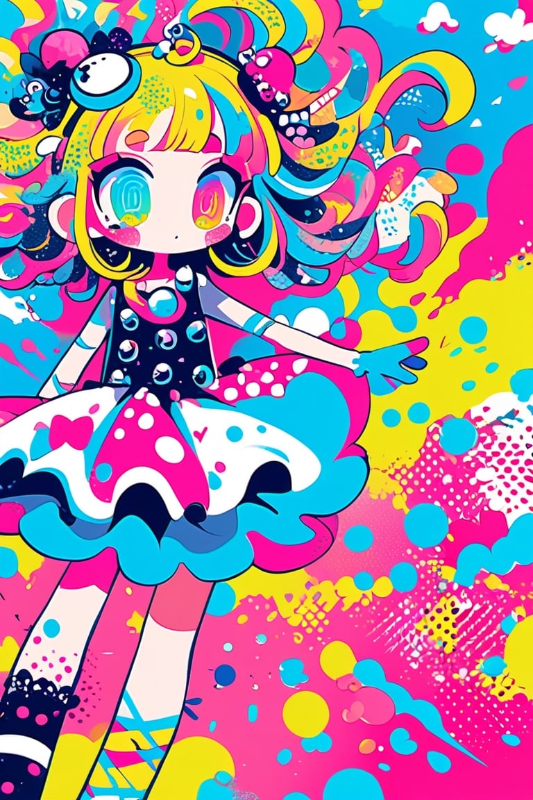 children's doodle style,
Colorful pop art, candy pop, lollipop punk, brightly colored berry beans, emo pink lolita girl,big Eyes,A dress made of jelly and ice cream,
 maximalism designemo,dal-6 style,Color Splash