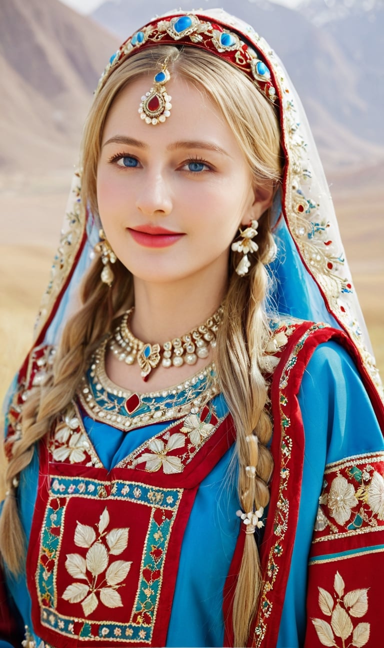A woman of Scandinavian descent, long beautiful blonde hair, blue eyes, perfect beauty, wearing a beautiful traditional Tajik bridal costume.The luxurious dress is intricately embroidered in gold and red and is very colorful. full of happiness,
Text:''♡You’re my love''