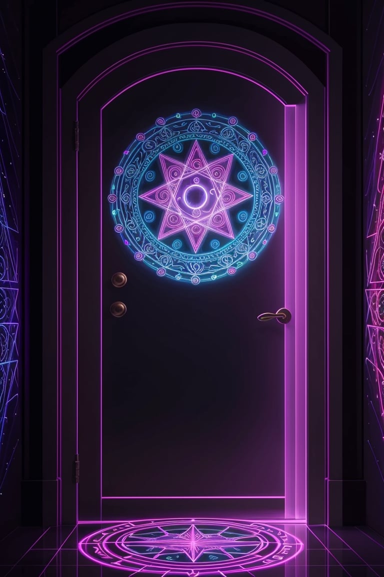 fantacy game , designed  a classic door for quantum dimention, colourful a mesmerizing acrylic painting showcases a neon-lit lighting paranormal a classis key quantum encryption.the main  subject of the painting is an intricate network of glowing, ethereal symbols and patterns floating in a vast, dark void , Roman style .