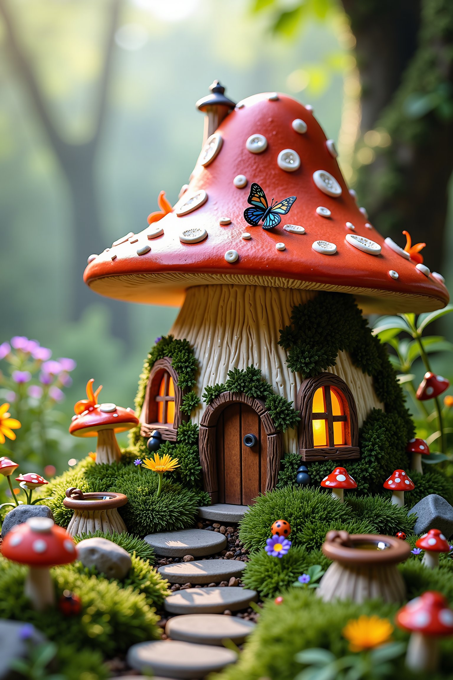 A mushroom-shaped fairy house, a whimsical miniature village, lush vegetation, small windows and doors, thatched roofs, bright wildflowers, mossy stones, fairy lights, mushroom rings, butterflies and ladybugs, miniatures gardening tools, bird baths in acorn hats, dew on leaves, soft morning mist, sunlight filtering through the trees, pastel color palettes, enchanting forest backgrounds, intricate botanical details,