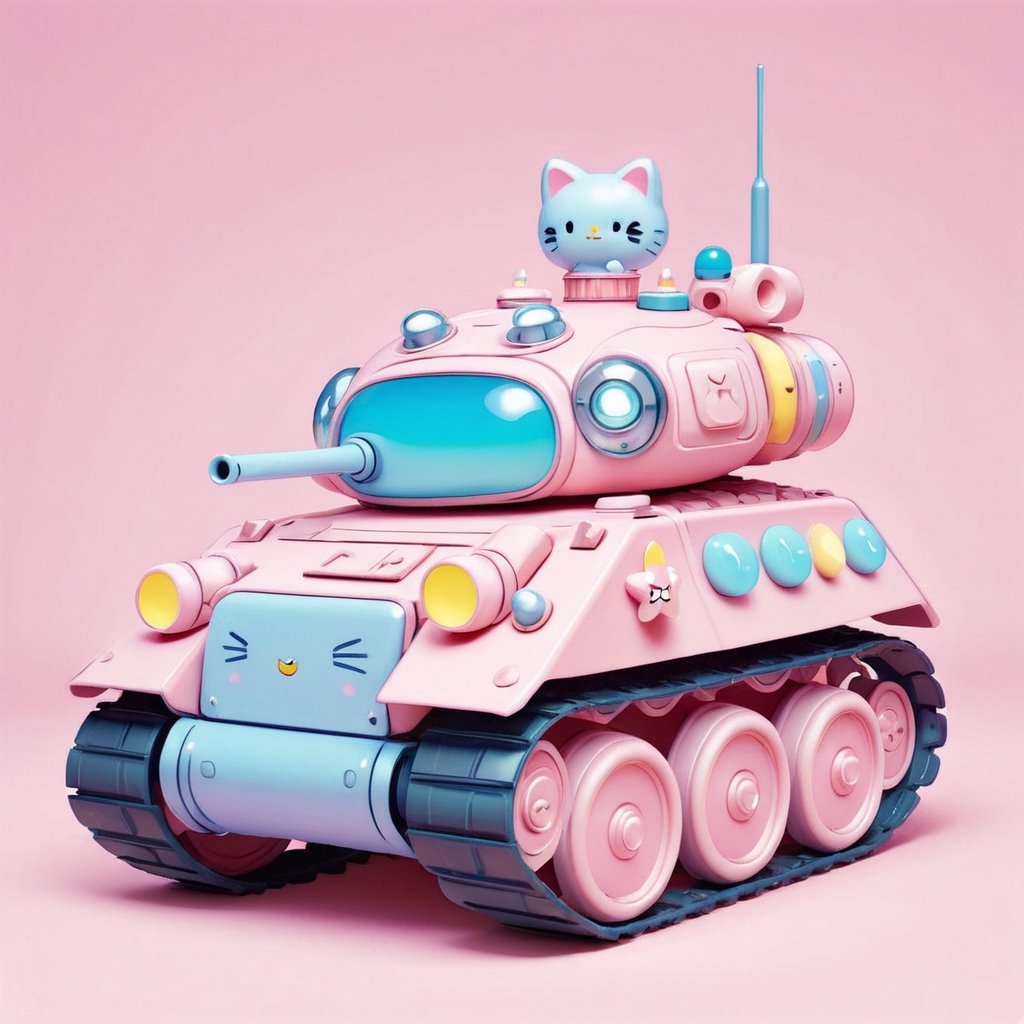 featuring a small Military Kawai tank designed in the Sanrio character style, adorned with fanciful colors. Envision a delightful and whimsical tank with charming details, drawing inspiration from the playful aesthetic of Sanrio characters. Incorporate vibrant pastel hues and cute elements, ensuring the tank exudes a sense of both charm and fantasy. Aim for a composition that captures the essence of Sanrio's signature style while transforming a military vehicle into an adorable and fanciful creation.",kawaiitech