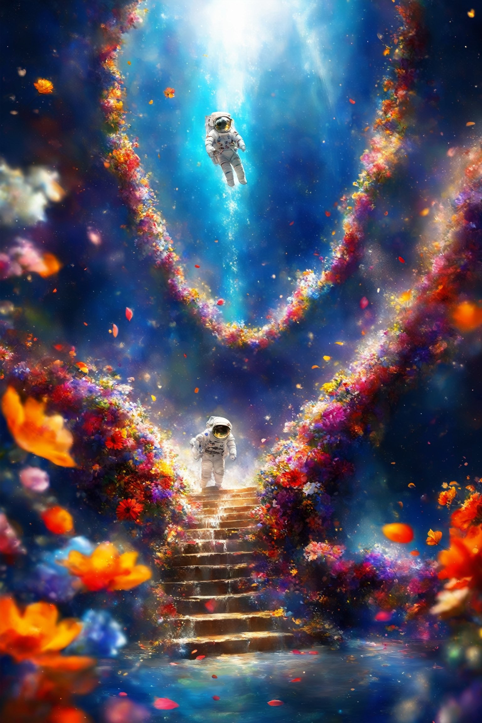 1 man,Astronauts surrounded by flowers, Colorful flowers falling like a waterfall, a flood of petals, astronauts landing on a flower star,staircase,astronaut_flowers