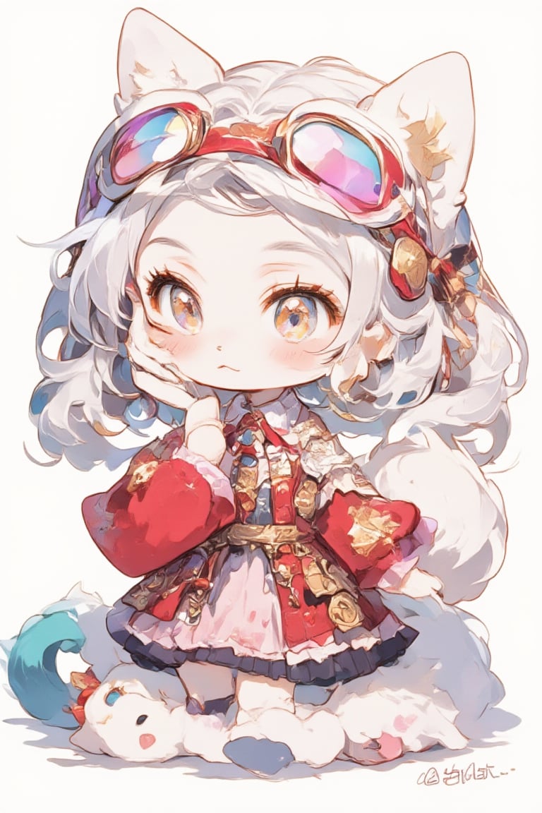 Cute anime-style kemono character, young girl with animal features. White fluffy fox ears and tail. Long silver-white hair. Large golden eyes with a curious expression. Wearing a red and pink outfit with frilly details. Red headband with goggles. Furry paws instead of hands. Chibi proportions with a large head and small body. Soft, pastel color palette. Slight blush on cheeks.looking slightly to the side. Kawaii style, highly detailed, digital art,Chibi-chan