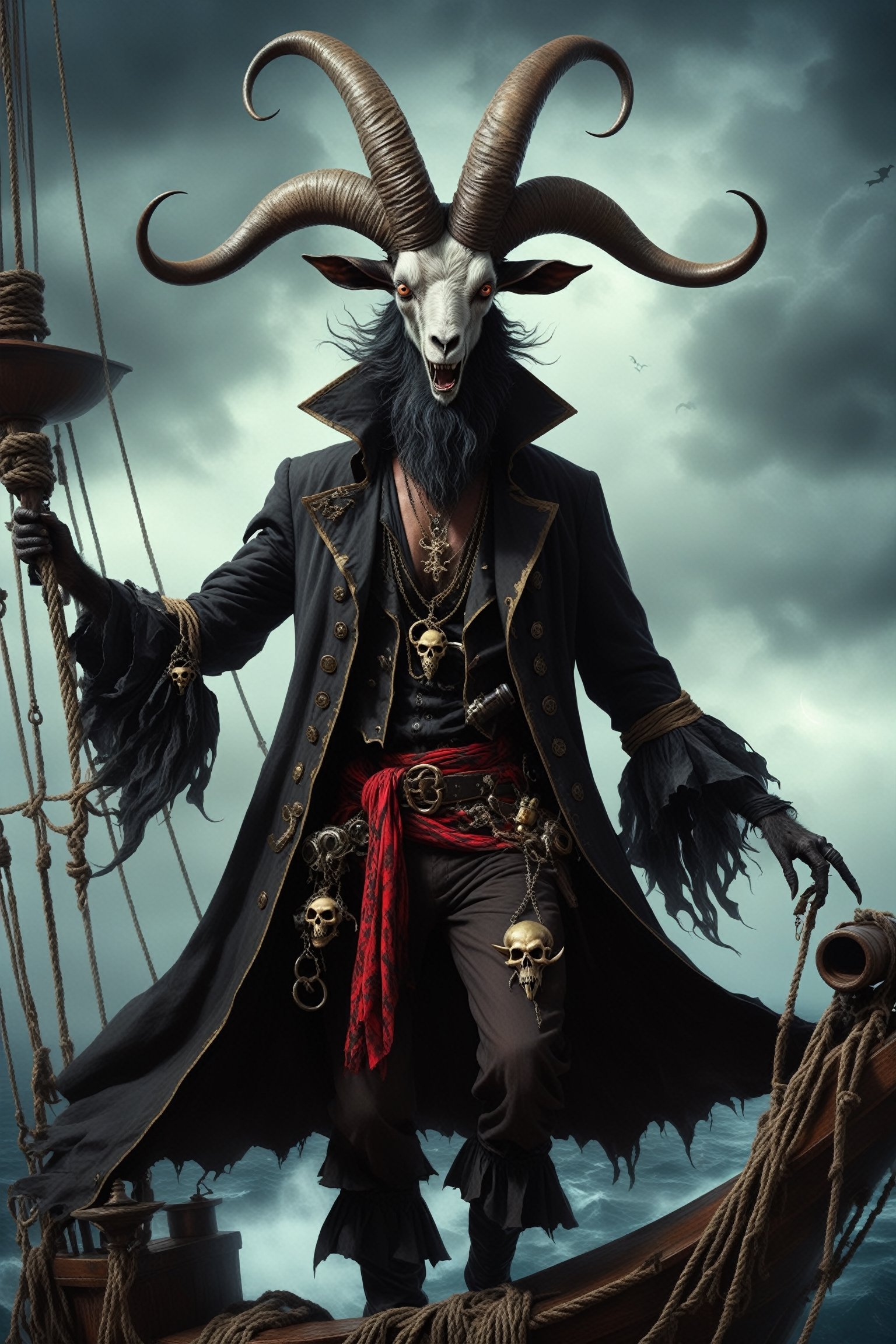 1 man,cool monster,
Baphomet, a demonic being, black goat head demon, a demon dressed as a pirate, a pentagram painted on it and a tattered coat, exuding a sinister mystery, Prowling the deck of a bewitched ship, Baphomet embodies the sinister allure of the pirate and his eternal hunger for souls,LegendDarkFantasy,pirate,monster, in the style of esao andrews