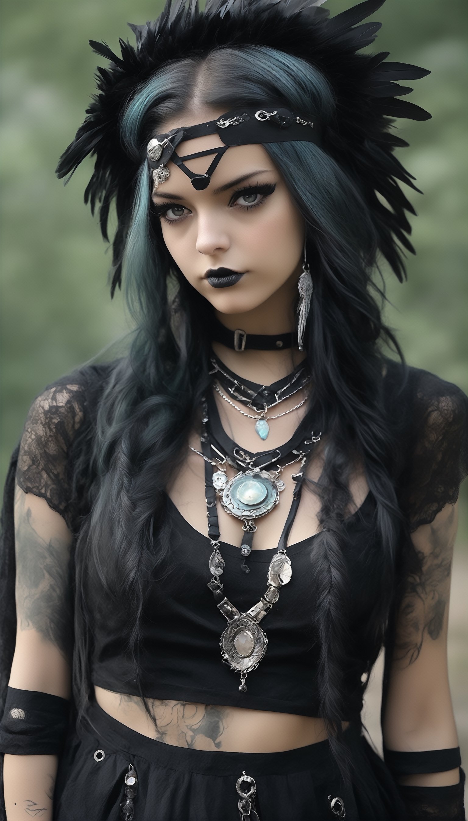 beautiful Nordic girl,Wearing  gothic punk and Native American styles, brings forth a unique fashion statement,intricate colorful leather detailing, feathered accessories, and bold silver jewelry blending the edginess of gothic punk,traditional elements of Native American attire,This unconventional combination creates a striking and culturally rich,GothEmoGirl,rebevelin,pastel goth