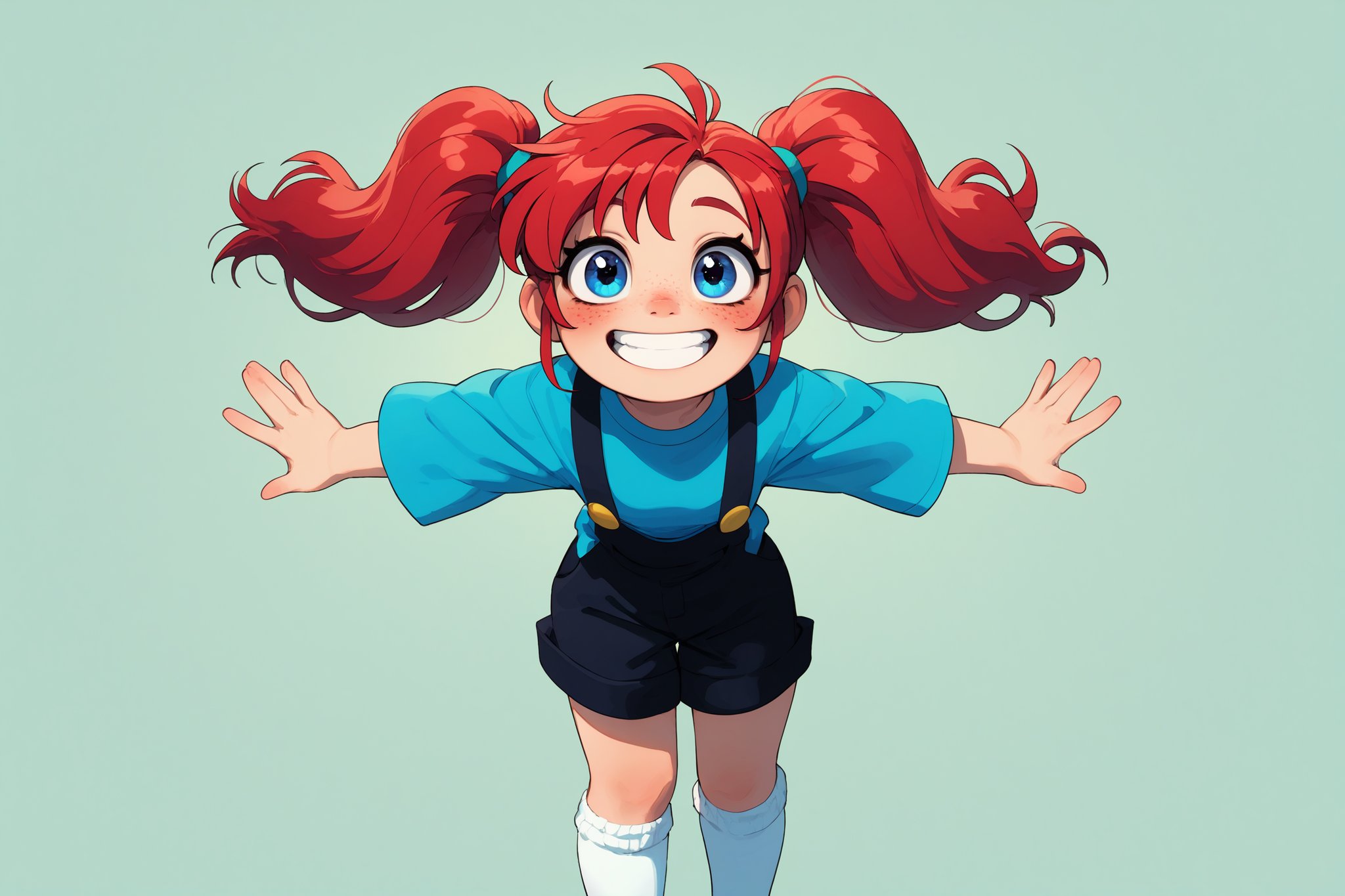 1 little girl,9yo,Pippi Långstrump,Adorable energetic and adorable girl,bright red hair tied in pigtails, A face full of freckles, sparkling blue eyes, a big smile, an oversized blue shirt hanging loosely, long socks with suspenders of different colors on each side,
Socks with different colors on the left and right sides, socks with an asymmetric design,The sunlit background suggests a carefree summer day,
Vibrant color palette. Expressive manga style with detailed textures