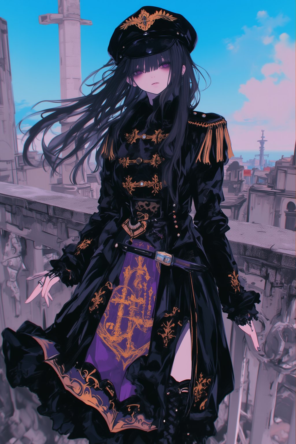 Elegant gothic lolita woman, full body portrait, 8k resolution, photorealistic. Black military style cap with gold trim. Long straight black hair blowing in the wind. Pale skin, heavy eye make-up and serious expression. Wearing a black high collar military jacket with gold embroidery and epaulettes, an elaborate purple and black skirt with an intricate gold chandelier print, a katana sword on her waist, and black lace-up boots. Standing on an abandoned concrete rooftop,blue sky in the background. Cinematic lighting shallow depth of field with focus on subject. Fantasy,dal,ct-animepopstyle