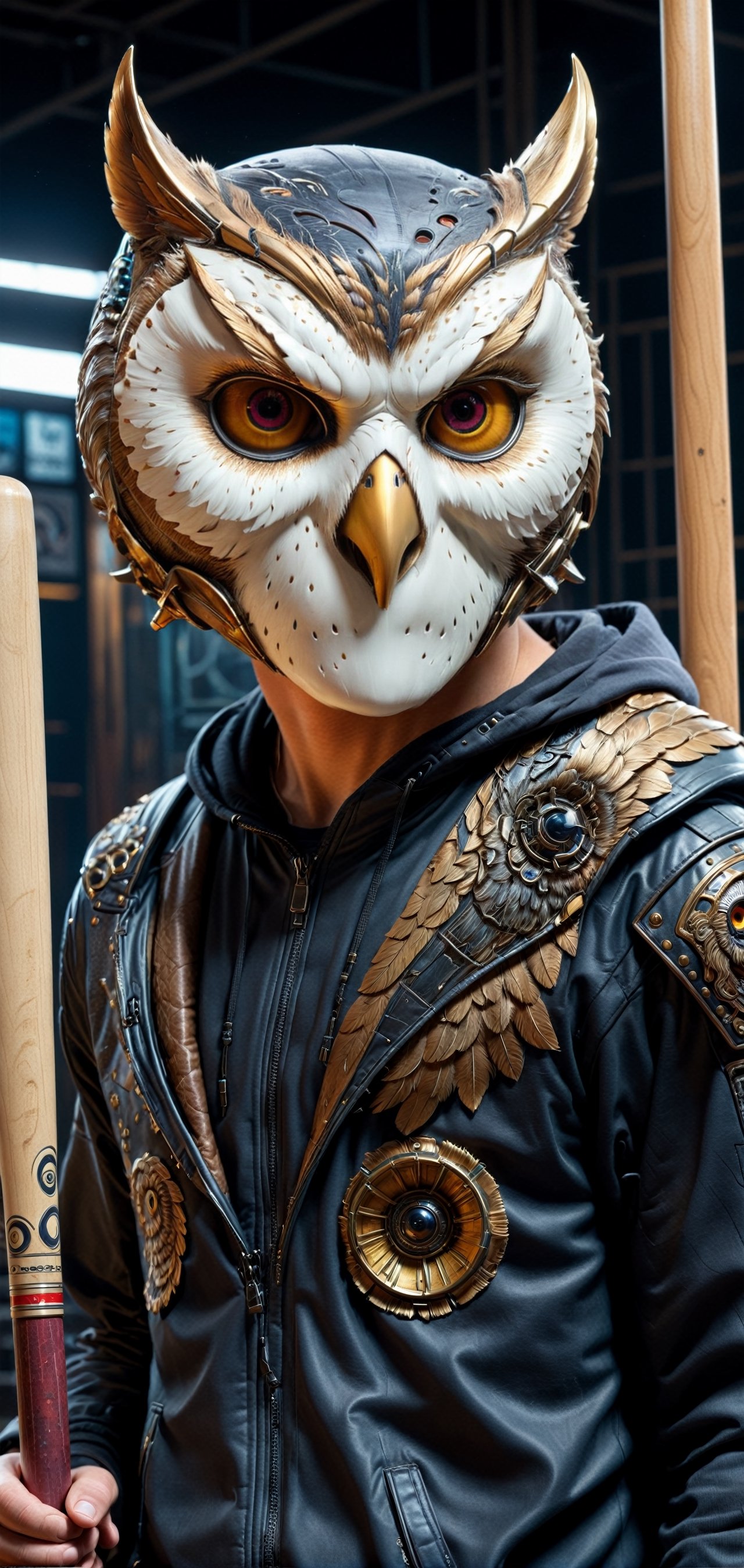 extremely detailed, hyper realistic, Cinmatic,
(Wearing ultra detailed owl MASK:1.5),standing under mooligh, More Detail, ultrarealism, cinematic, ultra high definition,holding baseball bat,
hyper realistic,Cyberpunk,demonictech,mor detail XL,Cybermask,Extremely Realistic