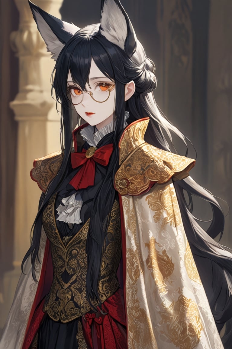 A girl with morbidly pale skin, fox-eared, long black sauvage hair, and a cold orange eyes,(luxury gold monocle),red lipstick, A frilly ribbon is wrapped around her narrow neck. The girl is wearing a velvet and brocade heraldic surcoat worn by male aristocrats.,Tekeli,black hair,monocle