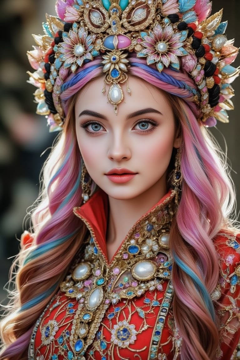 Kitsch maximalism fashion style, woman of Scandinavian descent, long beautiful colorful candy hair, blue eyes, perfect beauty, wearing a beautiful traditional Tajik bridal costume.The luxurious dress is intricately embroidered in gold and red and is very colorful. full of happiness,
,emo,hubggirl,(Rainbow haired girl:1.3),Midjourney_Whisper,Made of adrr-zllj