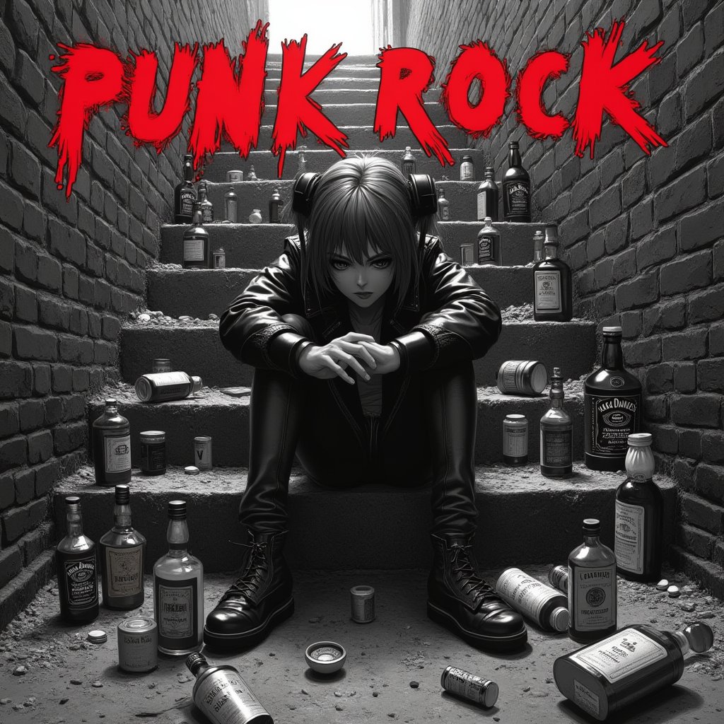 Black and white image of a grungy urban scene.,Hatsune Miku, wearing a leather jacket, sits hunched over with her knees pulled up on dirty brick stairs. Her posture and expression convey exhaustion. Scattered around her are numerous alcohol bottles, including recognizable whiskey brands like Jack Daniel's. The scene has a grimy, underground feel. At the top of the image, angular red text in a punk-style font reads  (Punk Rock ),The overall composition suggests a blend of traditional punk aesthetics with Japanese pop culture elements.