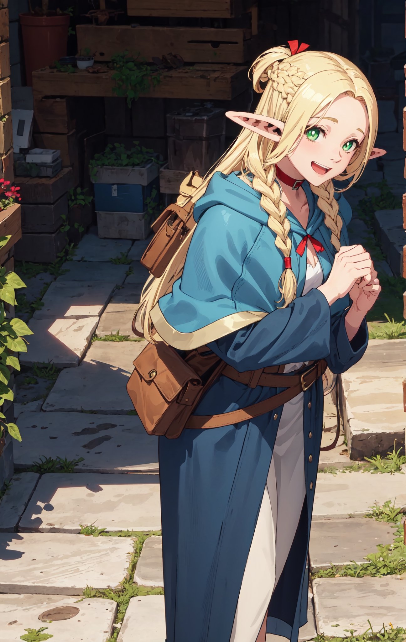 ,dmeshimarcil,robe,choker,belt,capelel,solo,portrait,masterpiece, best quality, 1 ELF girl, blonde hair, pointy elf ears, green eyes, blonde braid long hair, smile, sandals, belt, looking at viewer, fantasy dungeon background, dress, pouch, bag, capelet, robe, hair ornament, elf, blonde hair, 1girl, FFIXBG, long hair, braid, twin braids,giggling,