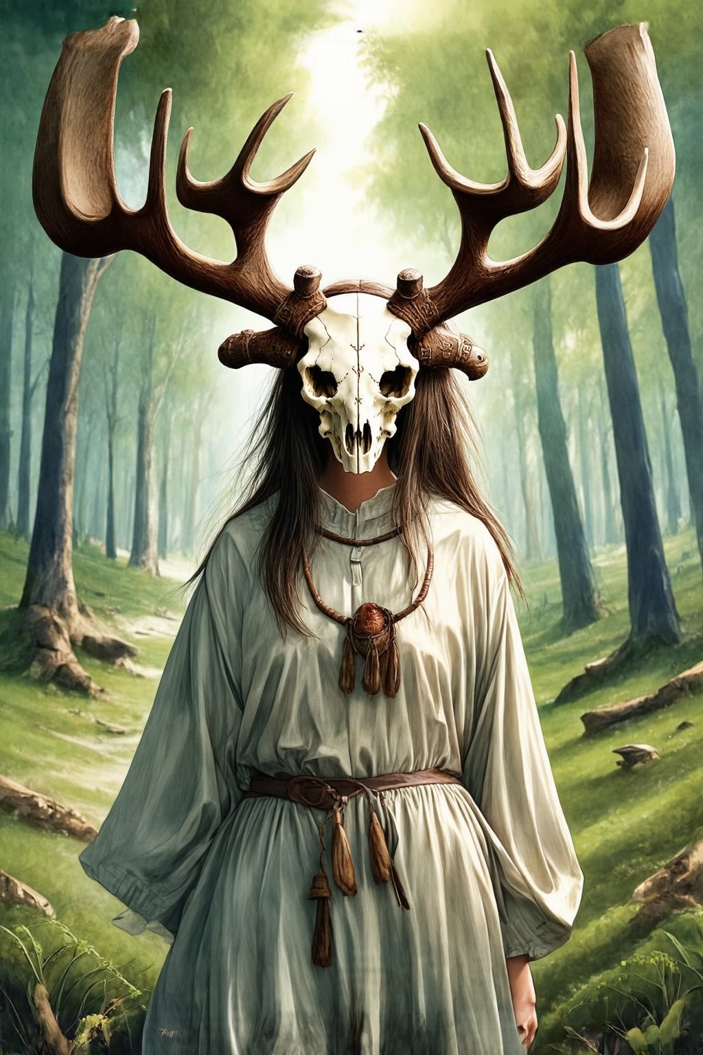 fairy tale illustrations, myths of another world, general, forest ruin background, 1girl, shaman, wearing moose skull on head, detailed facial features, facial tribal markings,  cinematic photography, masterpiece, best quality, very aesthetic, absurdres, ultra-detailed,Watercolor,flat