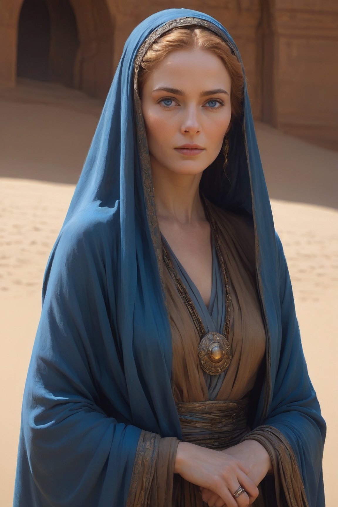 Lady Jessica, a prominent character in "Dune," is depicted as a commanding figure draped in a flowing robe that cascades from her head. Her attire, a symbol of her status and authority, billows around her as she moves, creating an aura of grace and elegance.Her piercing blue eyes, a striking contrast against her dark robes, captivate those who meet her gaze. Behind their beauty lies a depth of wisdom and determination, reflecting her inner strength and resolve.
