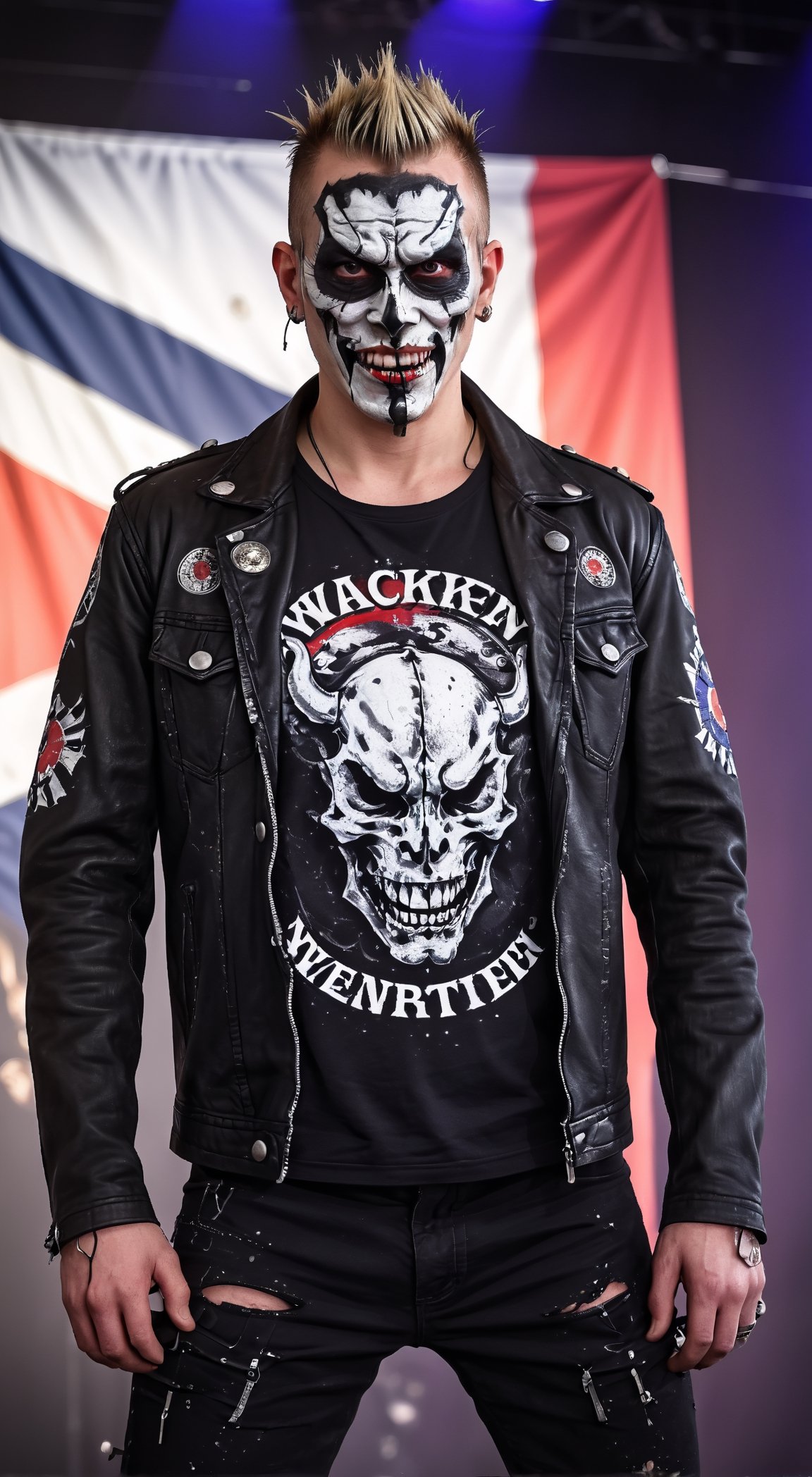 cowboy shotrockstar wearing a Hannya mask while standing on stage, 
Septum Piercing, more Coal,  More patchs, Crust core, anti union flag design, dirty torn studded Spikes leather jacket, 
Wacken Shirt,
hardcore Punk Style jacket,black DressShirt, lot Punk badge,military boots,
