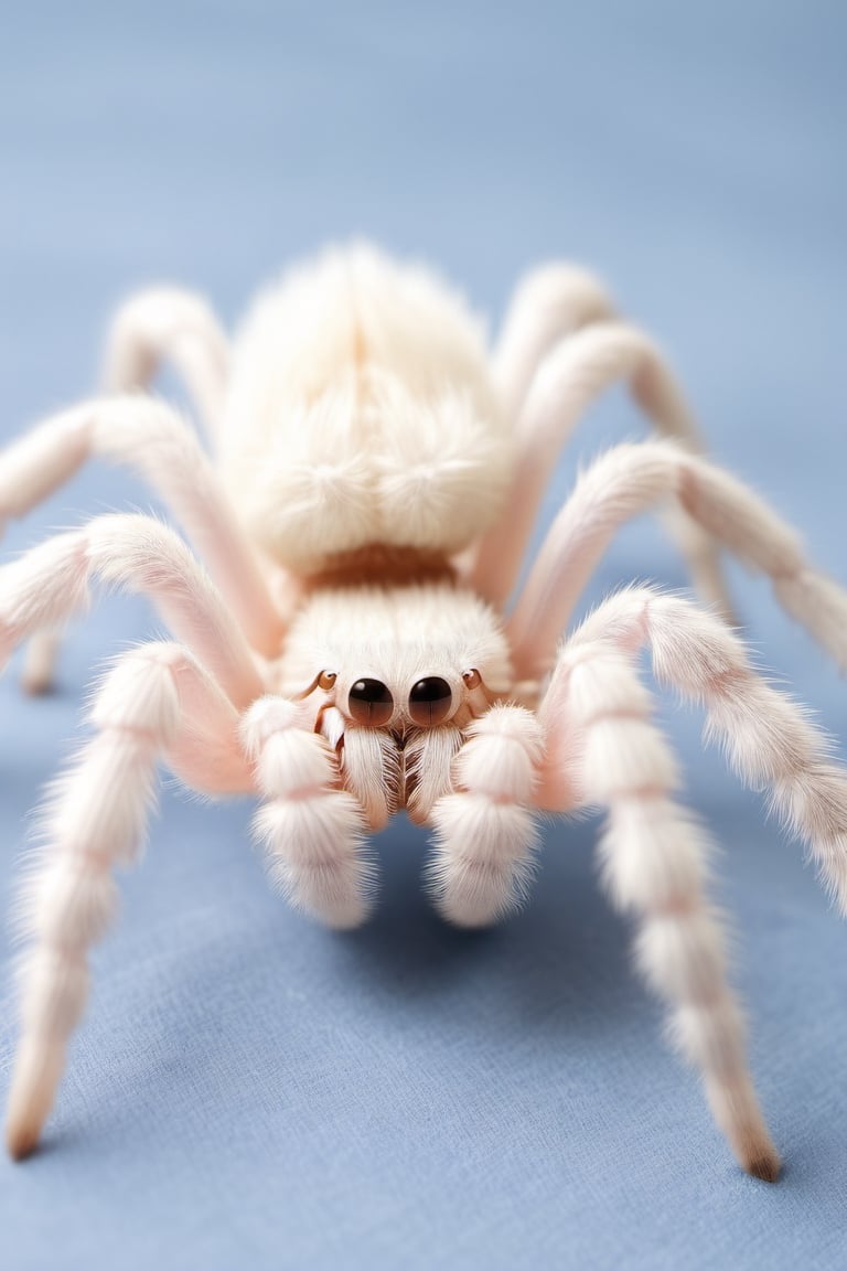  albino fluffy tarantula. Envision the tarantula with a unique albino coloration, showcasing pale tones and distinct markings on its hairy body. Capture the intricate details of the tarantula's features, emphasizing the contrast between its albino hue and the texture of its hair. Optimize for a visually striking composition that highlights the rare and ethereal beauty of an albino tarantula,Furry