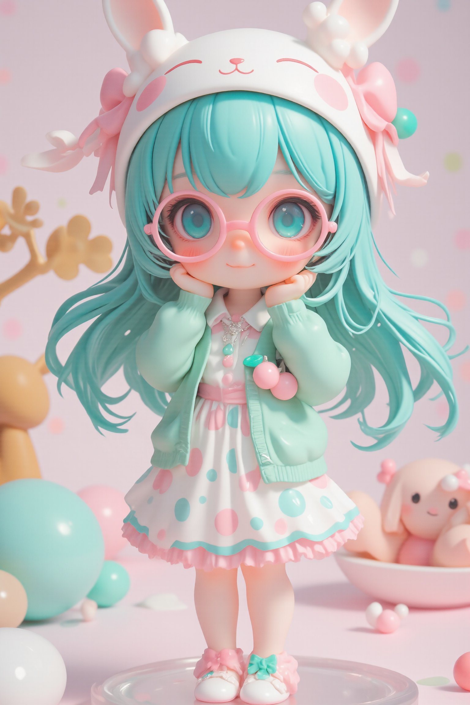 Cute anime-style chibi figurine of a girl with long, flowing turquoise hair. Large expressive blue eyes behind pink round glasses. Wearing a white polka-dot dress with pink and blue dots, pink trim, and a teal underskirt. Teal cardigan sweater. White and pink animal-shaped sleep mask on her head with closed eyes, small bone decoration, and blue bow. Pink bow in her hair. Pink cherry-shaped pendant necklace. White bunny-shaped slippers. Posing with one hand raised near her face. Cheerful expression. Highly detailed plastic figurine on a clear stand. Soft, pastel color palette. Professional product photography lighting and setup.,lyh,dal,create figure 2