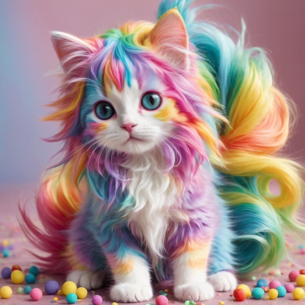 animal Cute kitten, long-haired, 7-colored hair cat, candy-colored body hair,Rainbow haired girl ,Colourful cat 