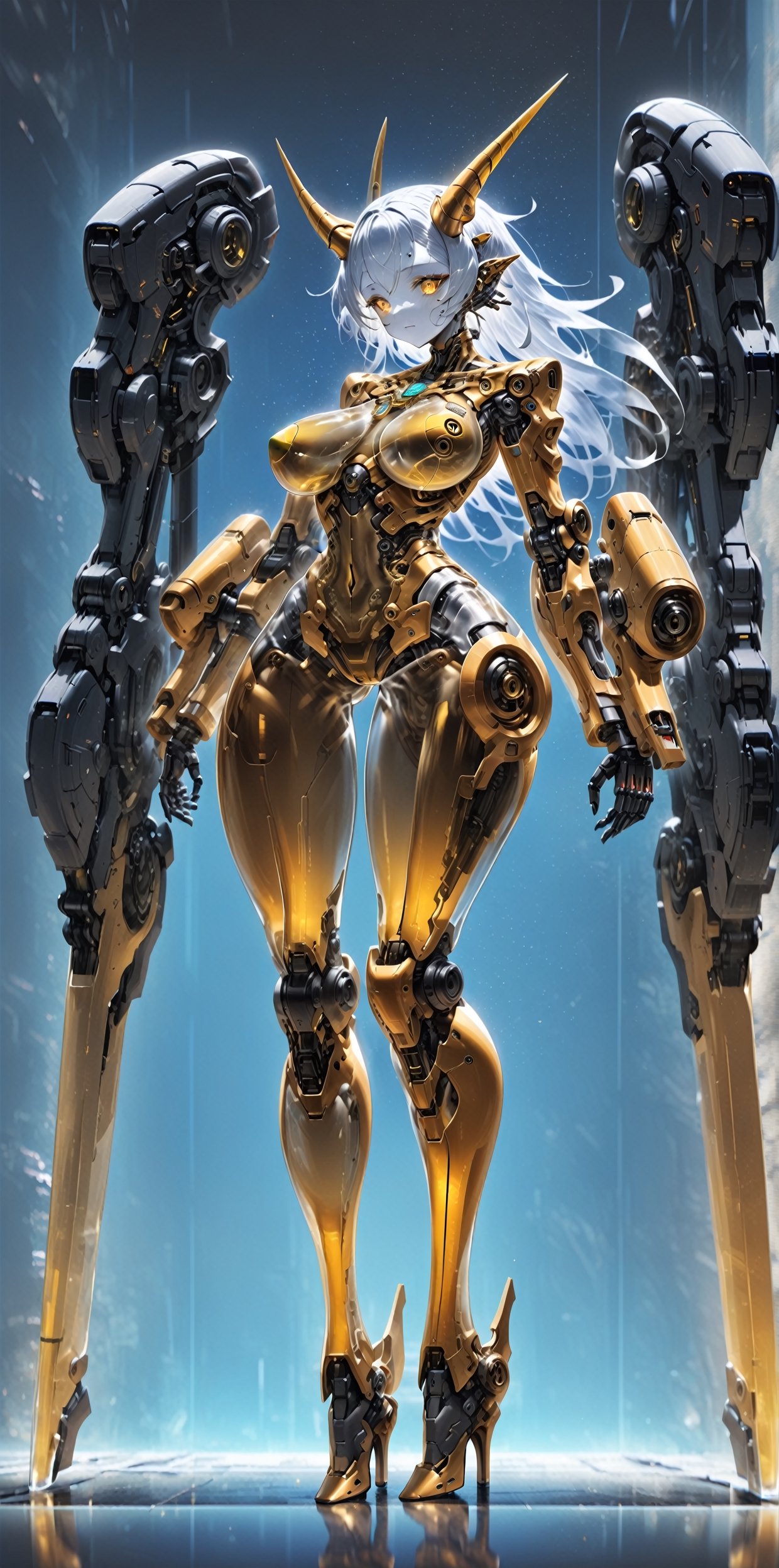 albino robot Girl, (long intricate horns:1.2),Giant weapon arms, adorned with ((transparent body parts)),(gold  breast), revealing the intricate machinery inside, giant robotic weapon, smooth and angular design despite transparent parts, pulsating energy and intricate circuitry visible through transparent body parts,high heels,Elegant curvaceous beauty,robot, mechanical arms,Glass Elements,Clear Glass Skin,hubg_mecha_girl,skinbodysuit,Blue Backlight,cyborg,bodysuit,breast bags,Energy light particle mecha