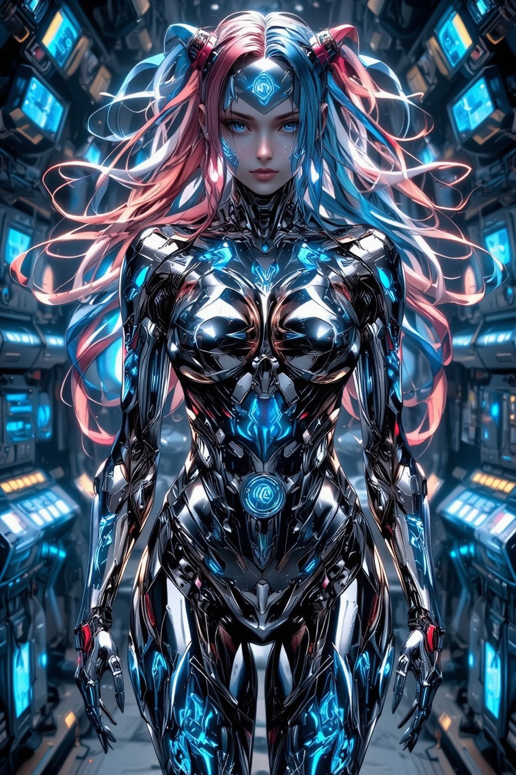 A sleek female cyborg with a mirror-polished chrome body, reflecting its surroundings. Feminine curves accentuate its robotic form. Vibrant, multicolored cables extend from its head like hair, flowing in various directions. Intricate, glowing blue-white tattoos cover skin,tattoos body,creating complex patterns and circuitry designs. The tattoos pulse with a soft, ethereal light. The cyborg stands in a futuristic laboratory setting, surrounded by holographic displays and advanced technology. Its eyes emit a gentle, intelligent glow. Hyperrealistic details, 8K resolution, ray tracing, cinematic lighting.,\mechako\,cyborg_master, QTGIRLREAL,REALNIME,uvtattoo