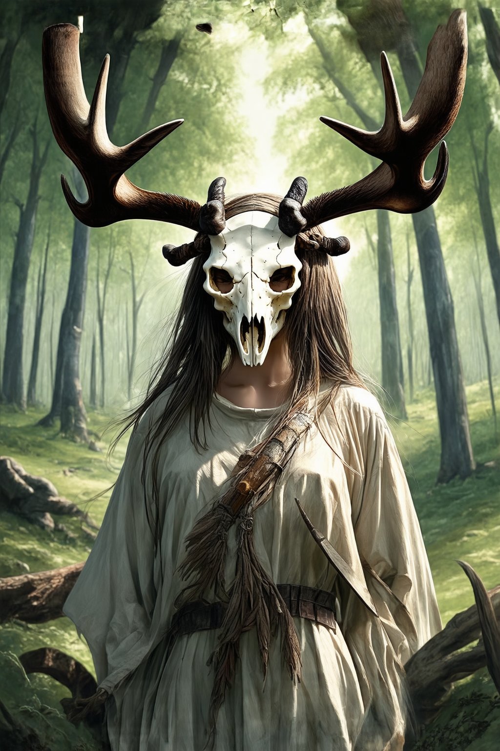 fairy tale illustrations, myths of another world, general, forest ruin background, 1girl, shaman, wearing moose skull, headdress, detailed facial features, black feathers on her head, facial tribal markings,  cinematic photography, masterpiece, best quality, very aesthetic, absurdres, ultra-detailed,Watercolor,flat