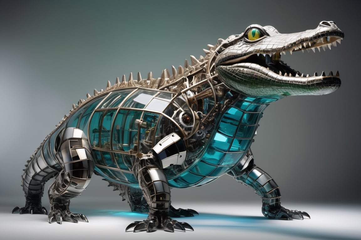 A giant alligator made of glass and mechanical parts is a stunning fusion of natural elegance and industrial precision. Transparent glass reveals the intricate inner workings while evoking both ancient and futuristic elements. Its eyes reflect light, and gears and metal components are visible within its mouth. This creature appears as though it's from the future yet remains a part of nature.