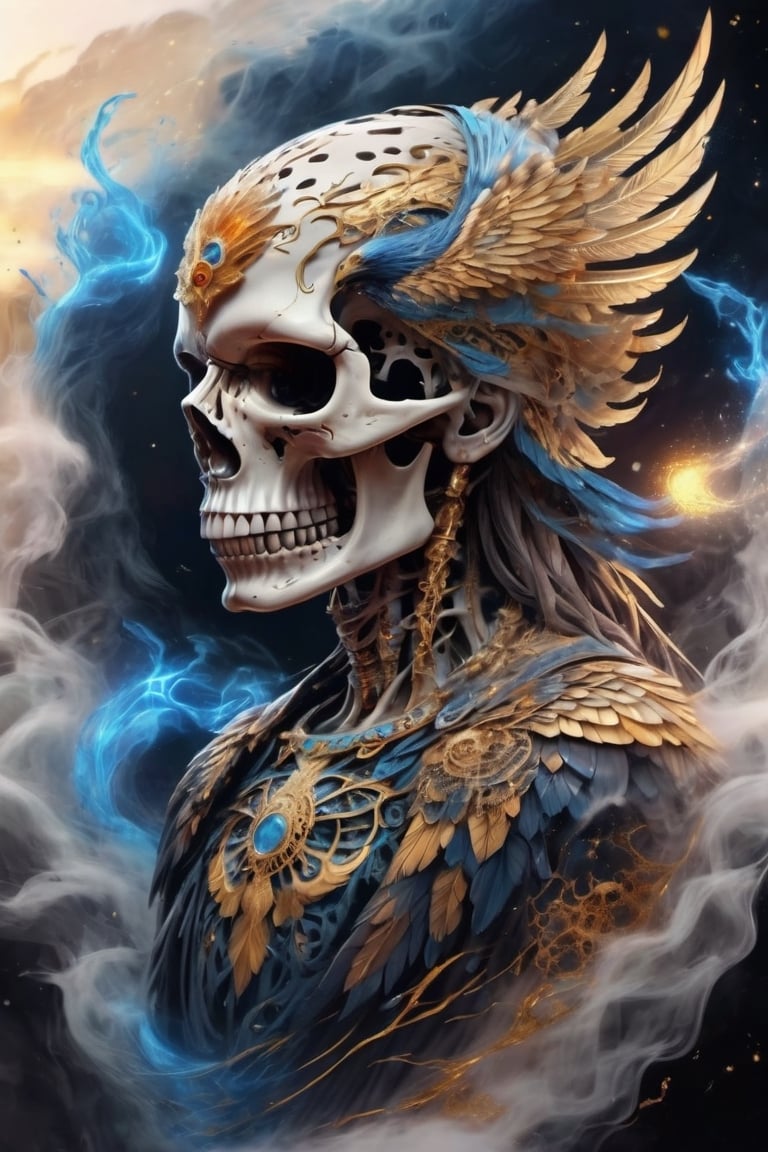 Delicately tattooed skull, beautiful Eagle crest, beautiful atmosphere with golden lines, completely transparent bones, golden blood vessels, blue luminous brain marrow.,skll