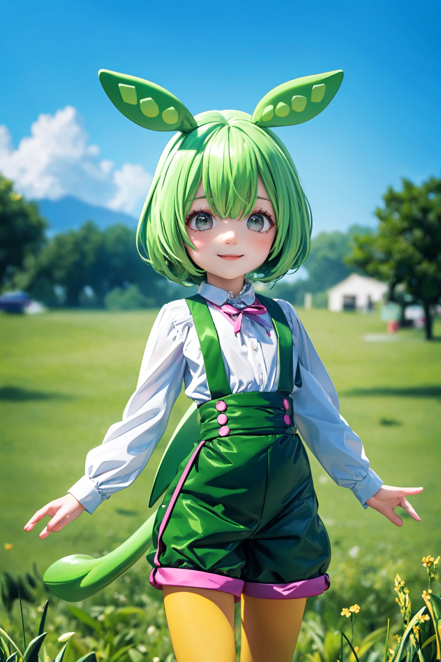 ((6year old girl:1.5)),1girl, beautiful shining body,beautiful girl with fine details,detailed face, bangs,((green hair:1.3)),((Hair bobbed hair:1.4)), high eyes,(green eyes),tall eyes,Beautiful and delicate eyes, Beautiful eyes,
(Green tail:1.2),
((tareme,animated eyes, big eyes,droopy eyes:1.2)),((green hair ornament:1.1)), ((green suspenders,green shorts, white blouse: 1.4)), ((smile expression)), ((realism: 1.2 )), dynamic far view shot,cinematic lighting, perfect composition, by sumic.mic, ultra detailed, official art, masterpiece, (best quality:1.3), reflections, extremely detailed cg unity 8k wallpaper, detailed background, masterpiece, best quality , (masterpiece), (best quality:1.4), (ultra highres:1.2), (hyperrealistic:1.4), (photorealistic:1.2), best quality, high quality, highres, detail enhancement,((manga like visual)),zundamon,masterpiece,((Blue sky, grassland background))